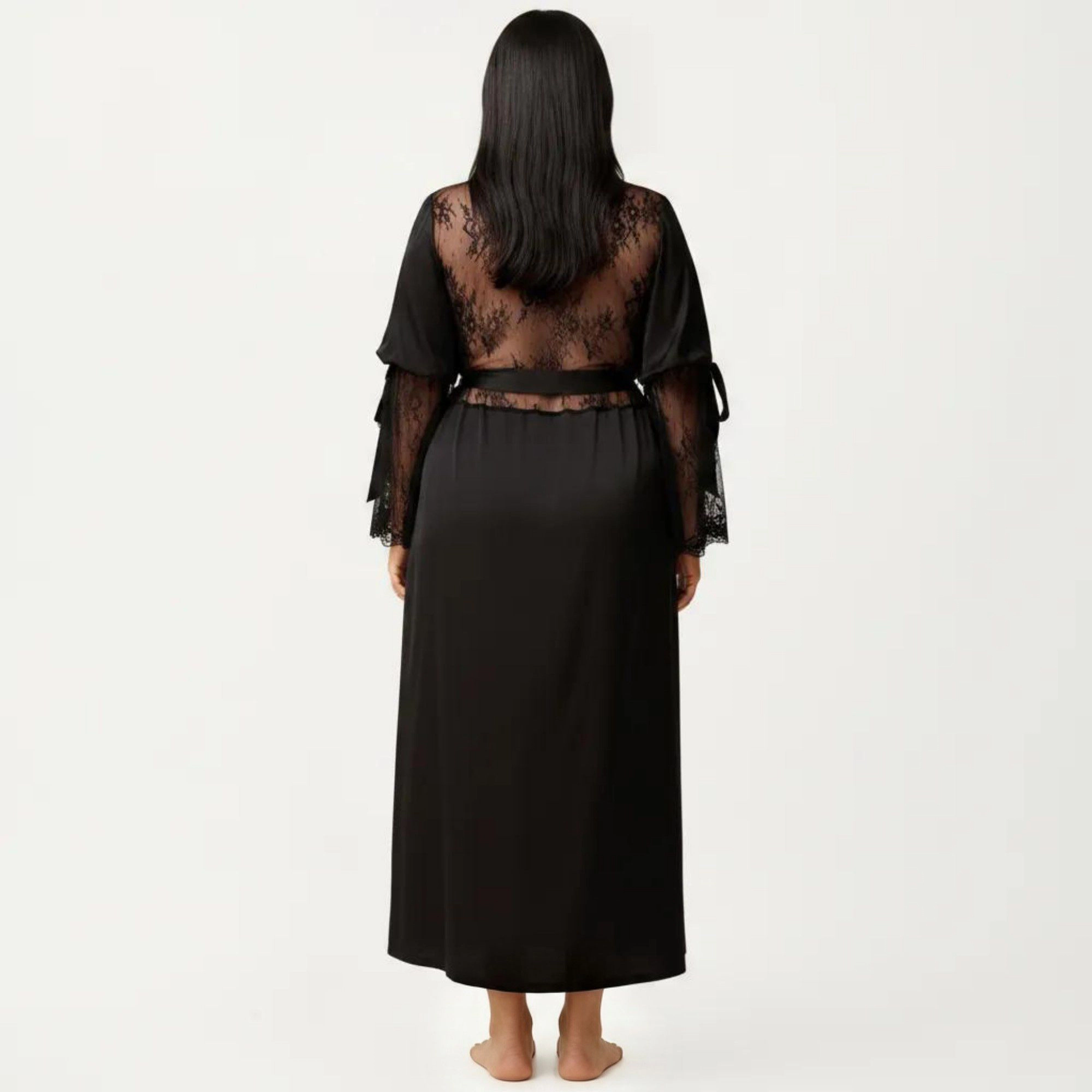 Anna-Kaci Women's Plus Long Satin Robe Lace Sleeve Wrap Nightgown Belted Kimono Sleepwear