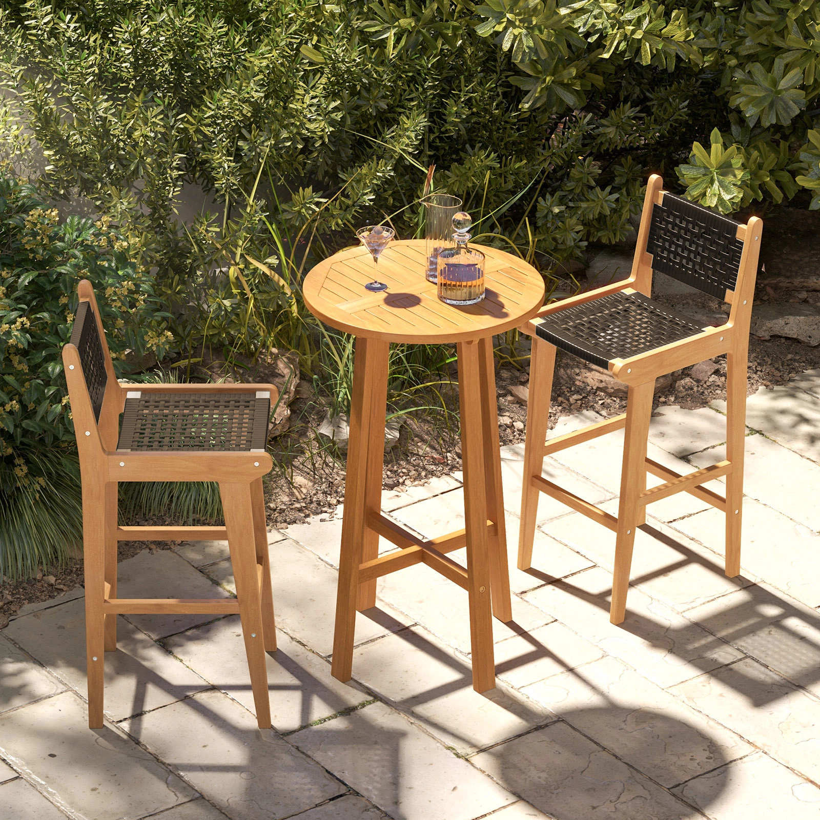 SUGIFT Rattan Teak Wood Bar Stool with Backrest and Footrest 330-lb Capacity 30-in Seat Height Black & Natural