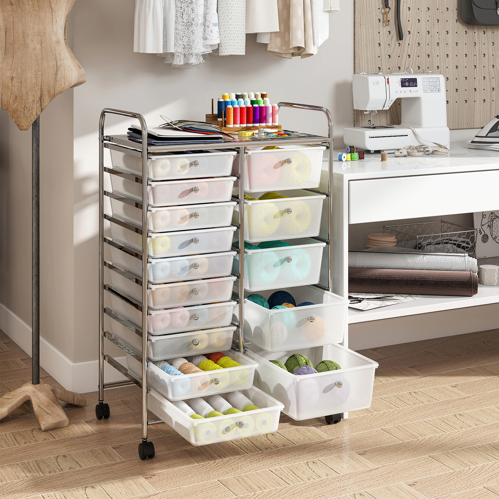 SUGIFT 15-Drawer Rolling Storage Cart Transparent with Chrome Plated Metal Frame