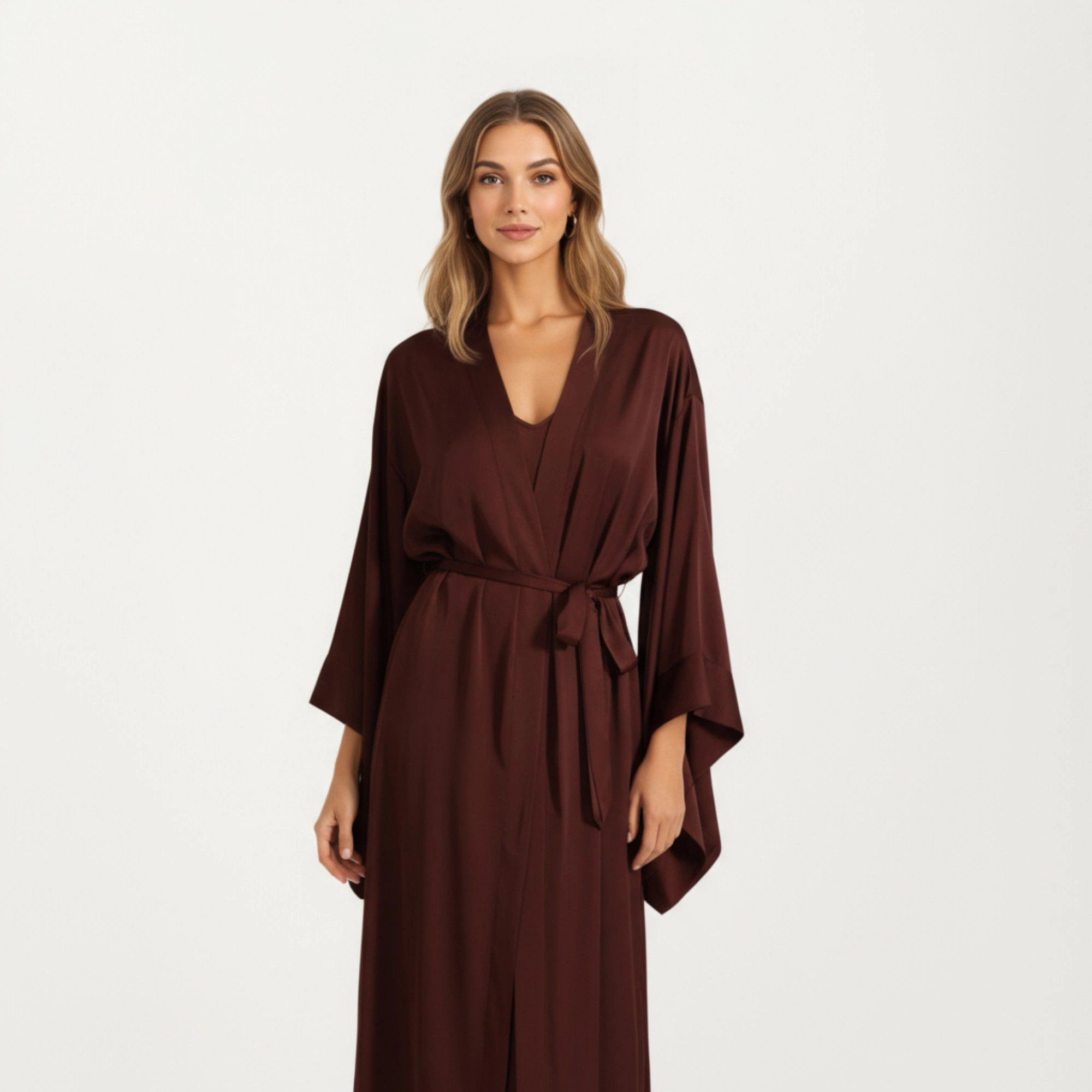 Anna-Kaci Women's Satin Mid-Length Robe with Waist Tie and Wide Sleeves