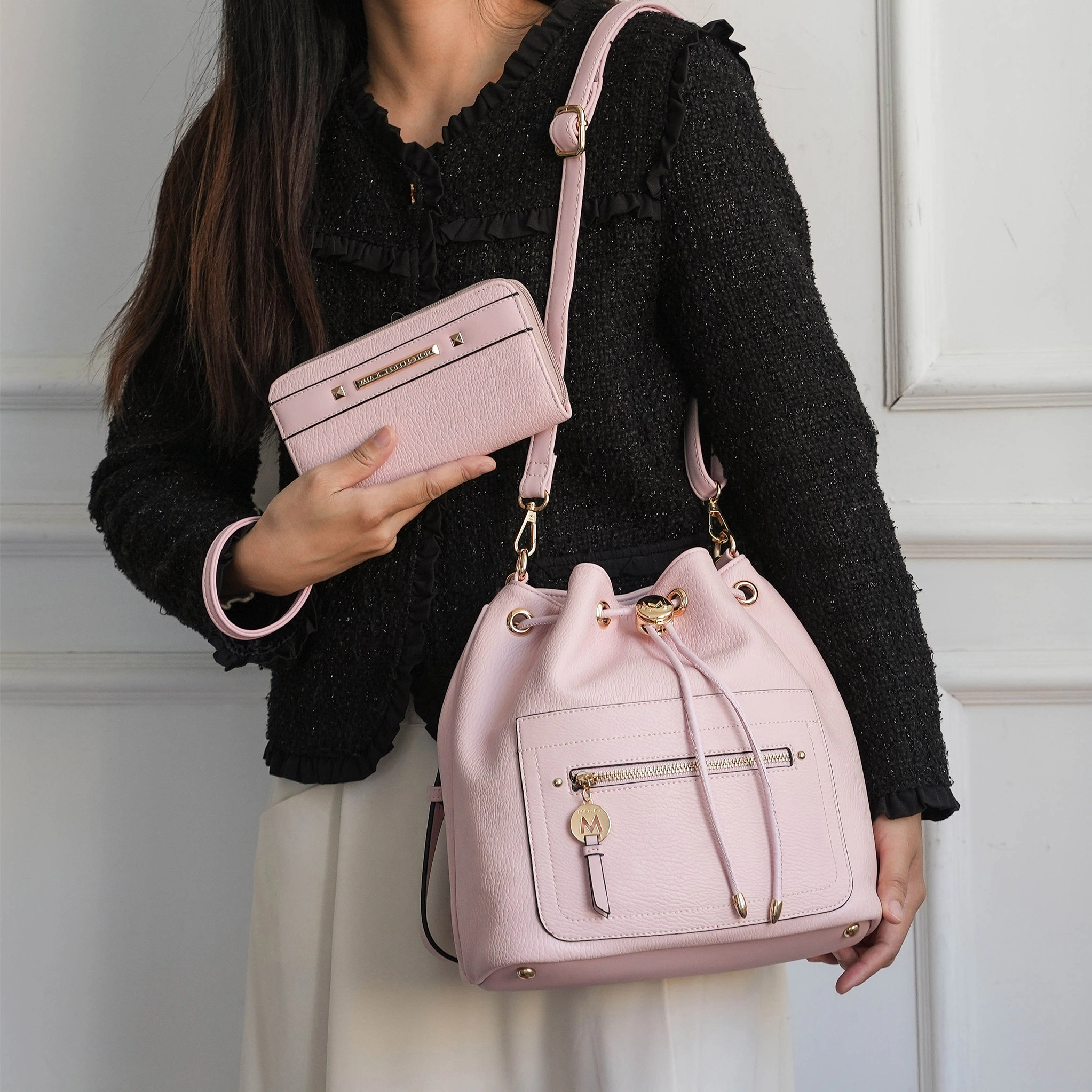 Mia K Collection Larissa Pebbled Vegan Leather Bucket Bag with Matching Wallet