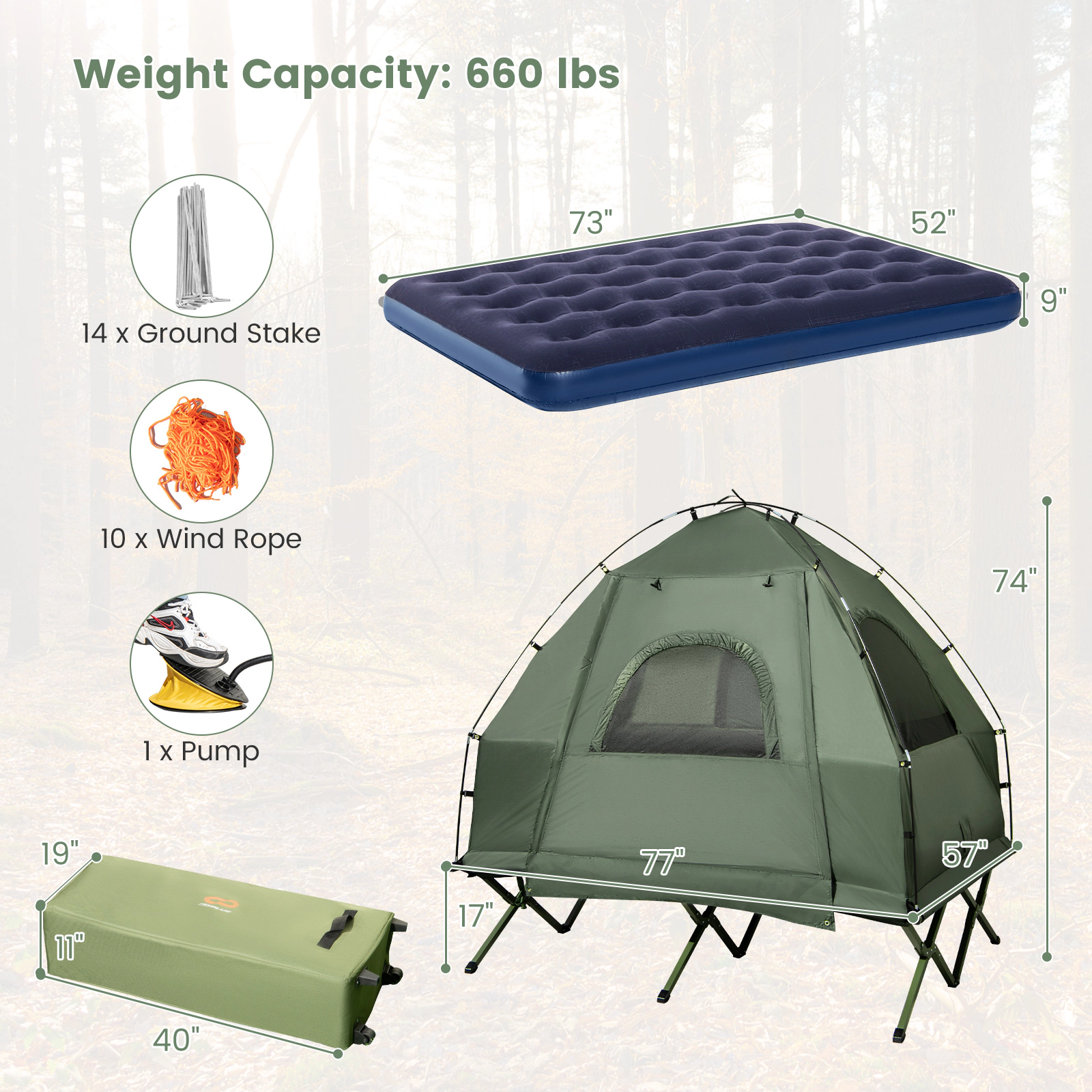 SUGIFT 500-lb Capacity 2-Person Foldable Tent Cot with Air Mattress Sleeping Bag Pillow and Wheeled Bag