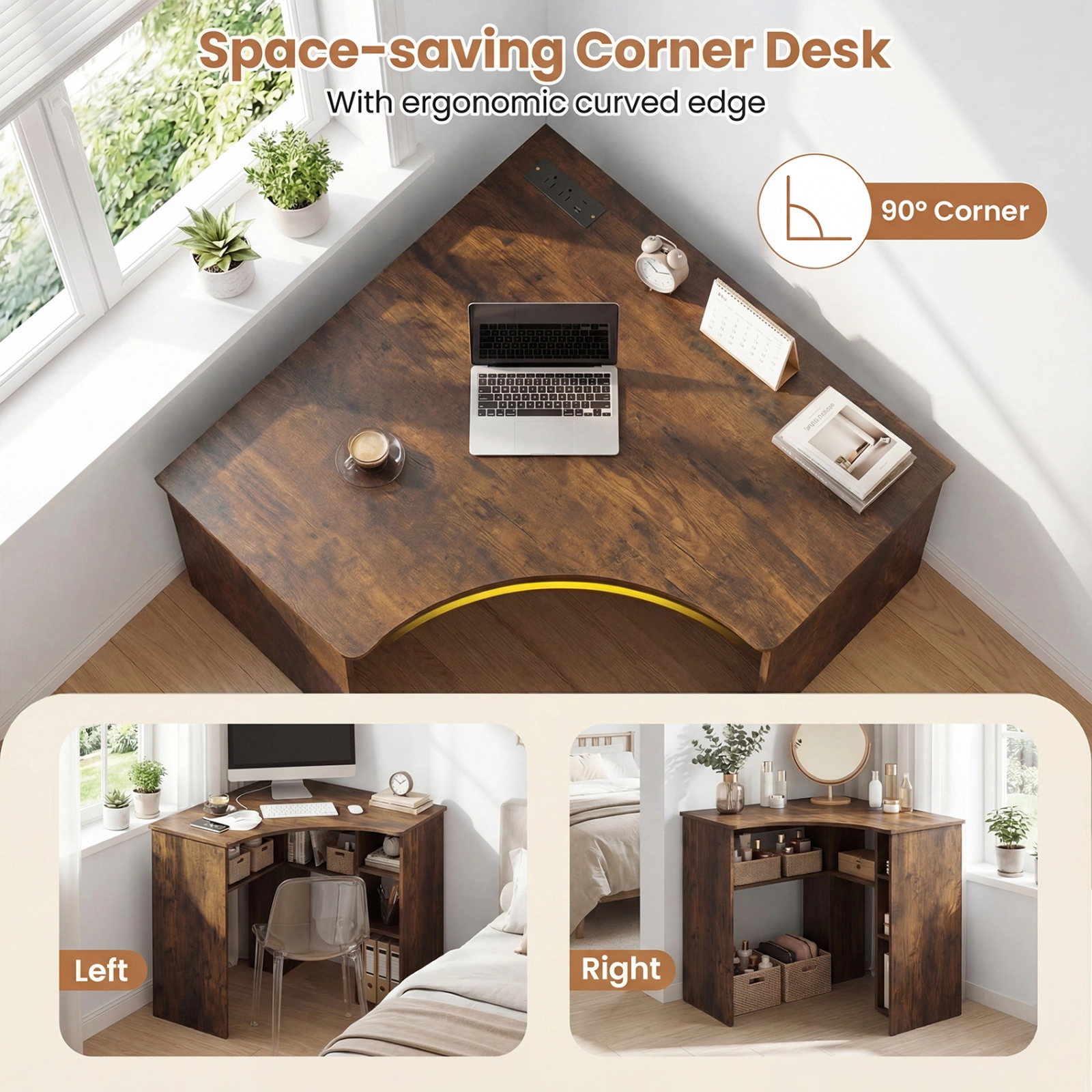 SUGIFT 90° Corner Triangle Computer Desk with Adjustable Shelf & Arc-Shaped Profile 100-lb Desktop Capacity Rustic Brown