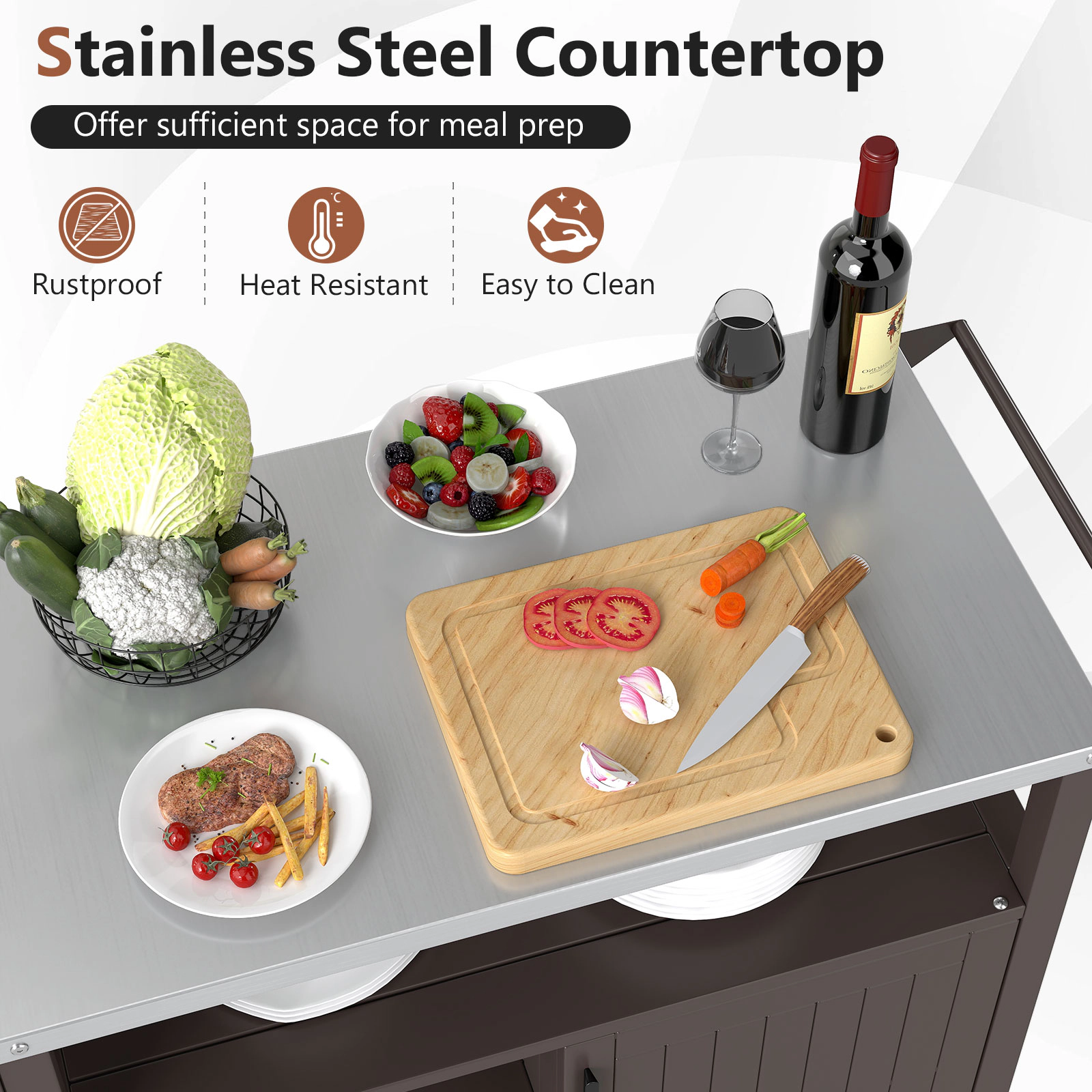 SUGIFT Brown Rolling Grill Cart with Storage Cabinet and Shelves 46-in W 20-in D 34-in H 88-lb Countertop Capacity