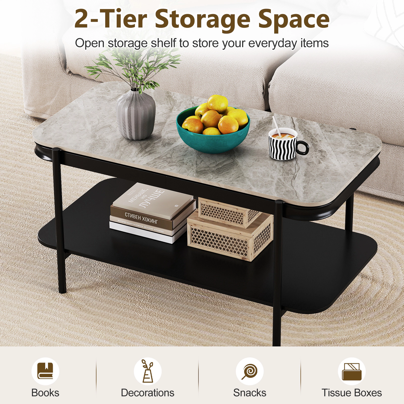 SUGIFT 2-Tier Sintered Stone Top Black Metal Frame Modern Coffee Table 35.5-in x 19.5-in x 18-in 100-lb Capacity Gray