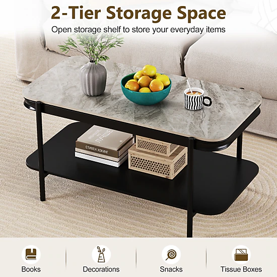 SUGIFT Sintered Stone Top Metal Frame 2 Tier Open Shelf Coffee Table In Gray