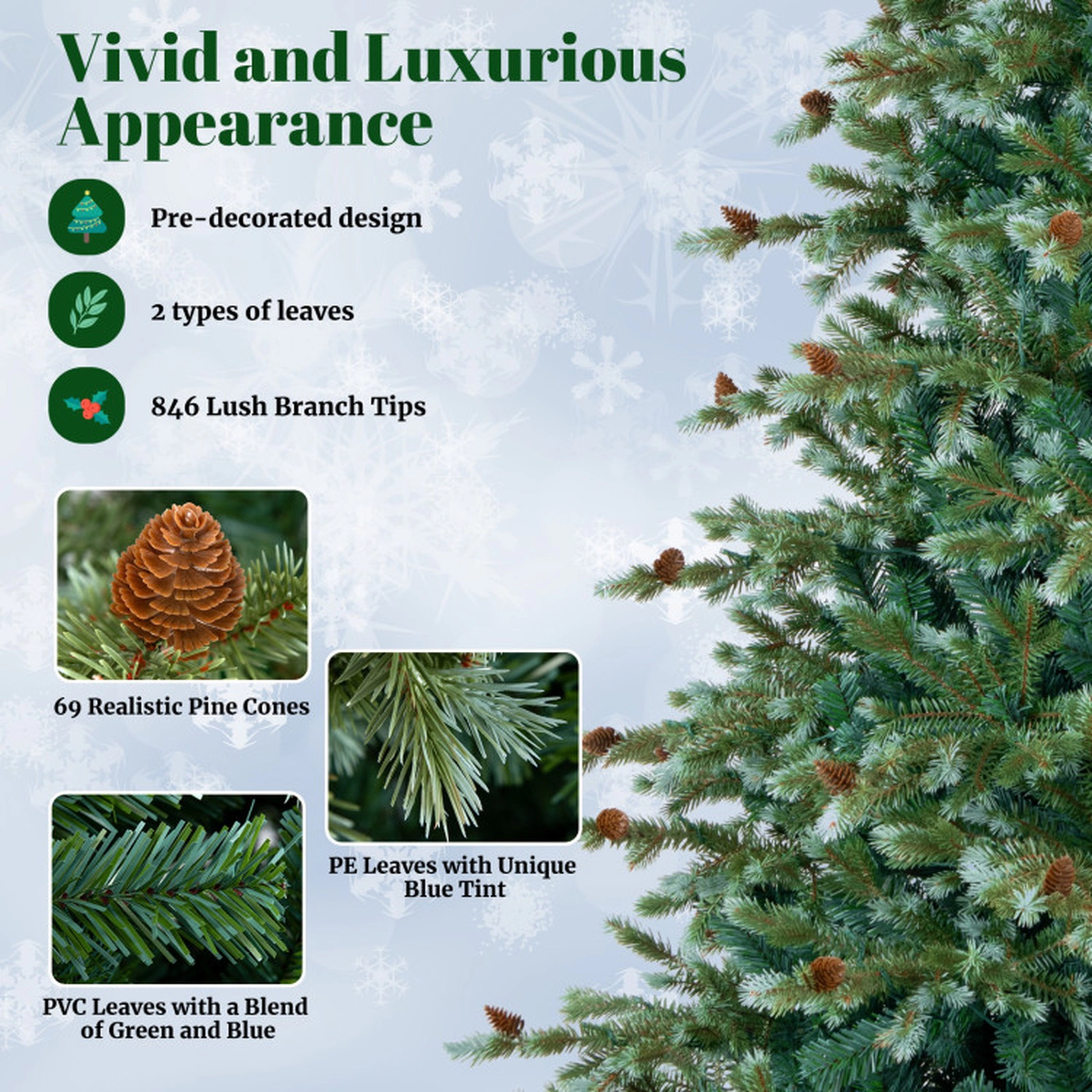 SUGIFT Pre-Lit 7-Foot Artificial Christmas Tree with 846 Branch Tips 340 Warm White LED Lights and Pine Cones Green