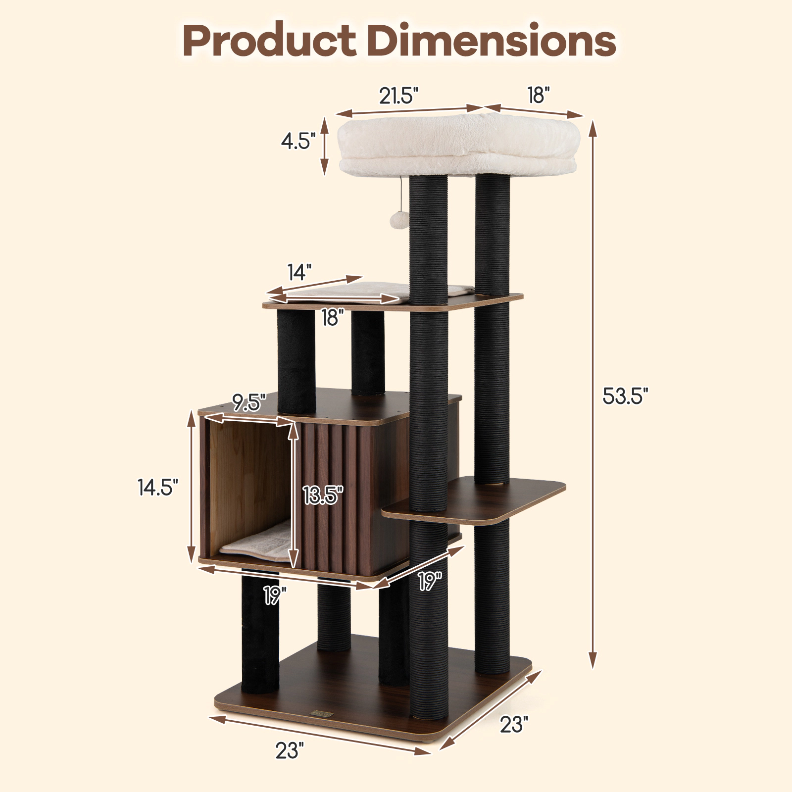 SUGIFT 53.5-in Brown Wooden Cat Tree Tower with 19-in Square Condo 21.5-in Top Perch and Soft Padding