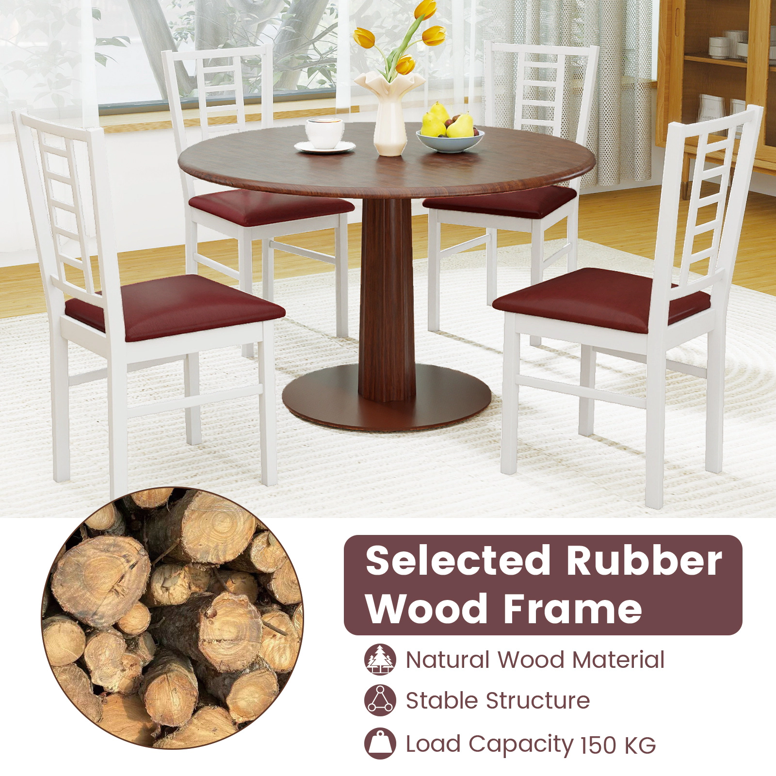 SUGIFT High-Back PU Leather Dining Chair 330-lb Capacity Walnut/White Frame Black/Brown Seat