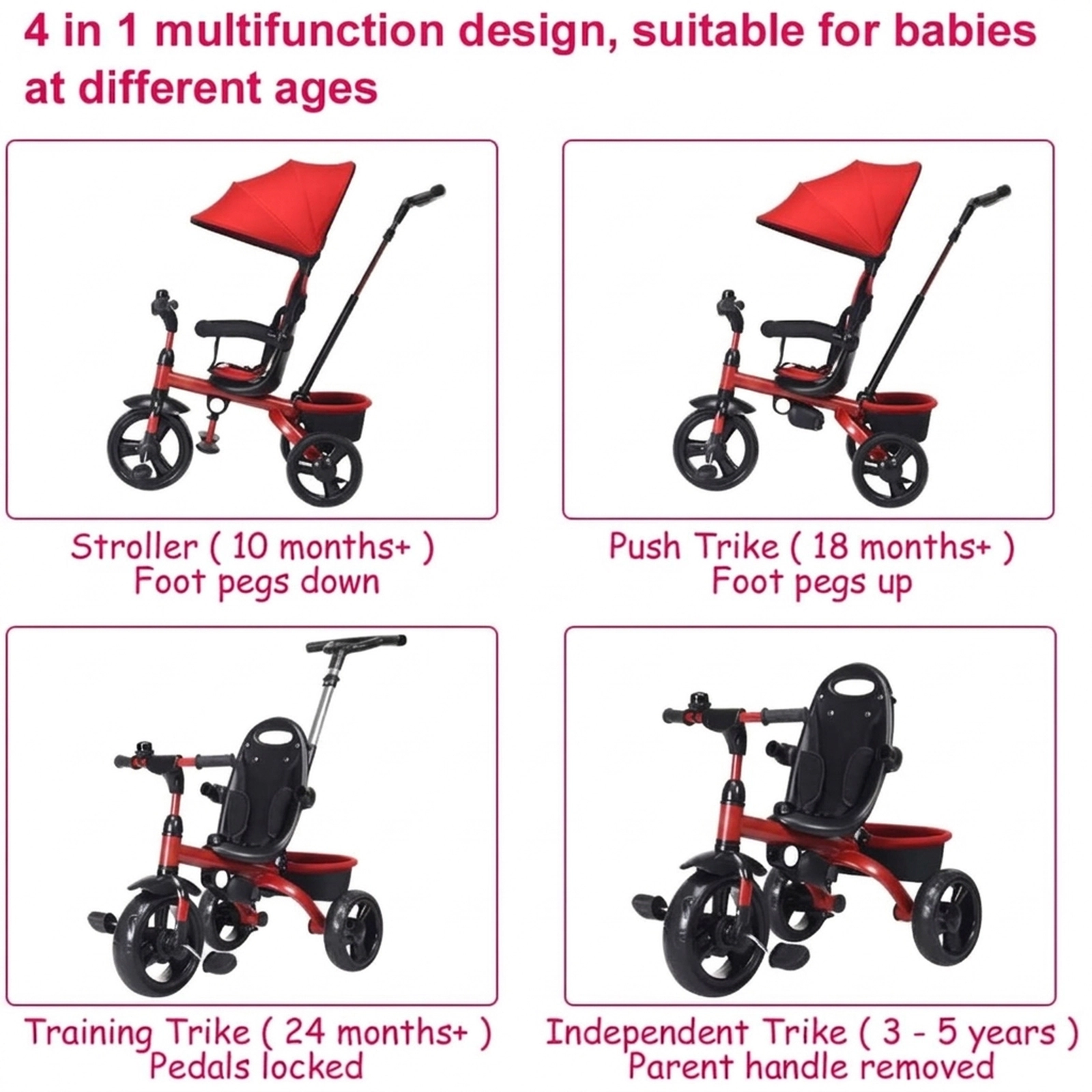 SUGIFT 4-in-1 Convertible Kids Tricycle Stroller with Adjustable Push Handle 50-lb Capacity Ages 10 Months-5 Years Red