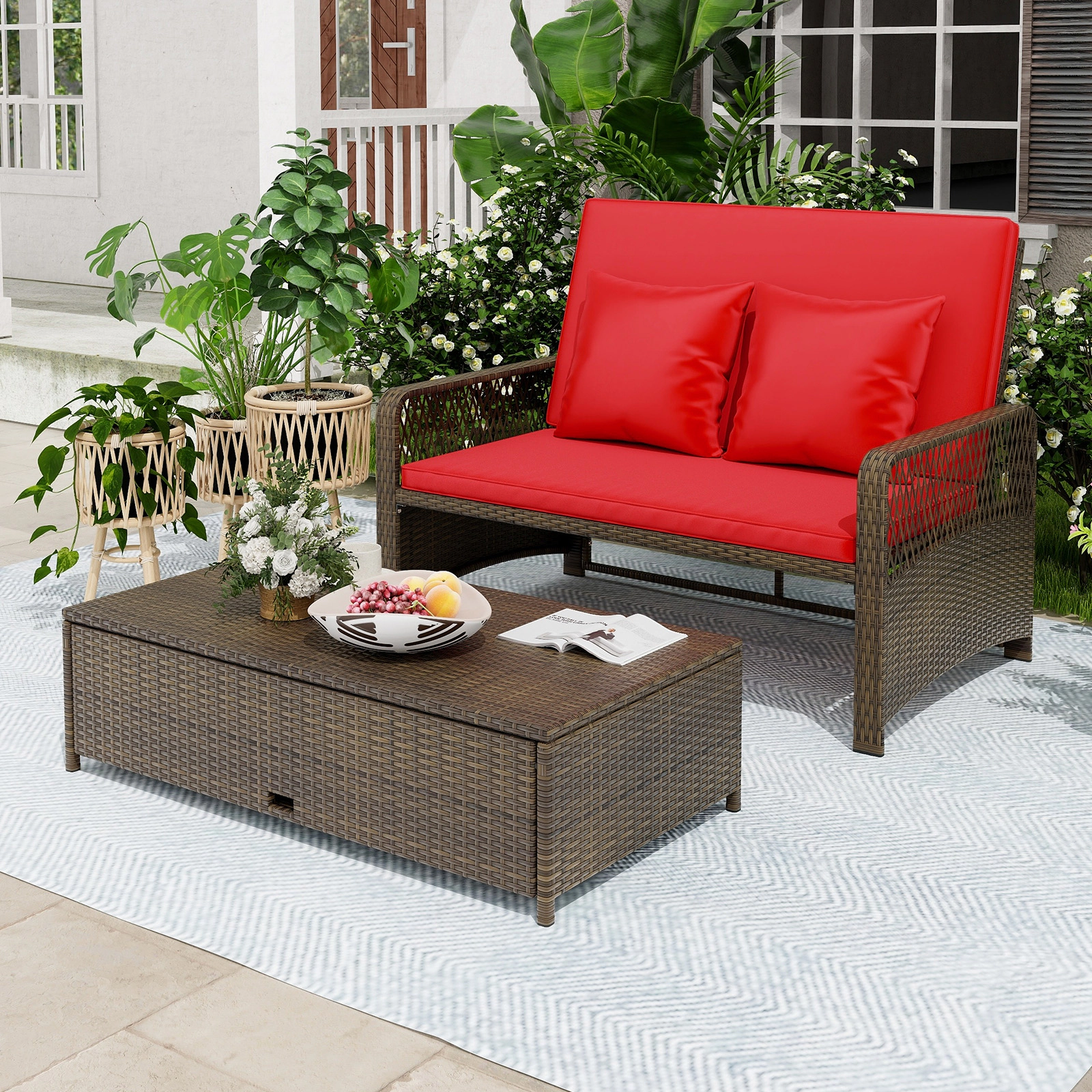 SUGIFT 2-Piece Wicker Patio Daybed with 4-Level Backrest and Storage Ottoman 48.5-in W 800-lb Seat Capacity Red