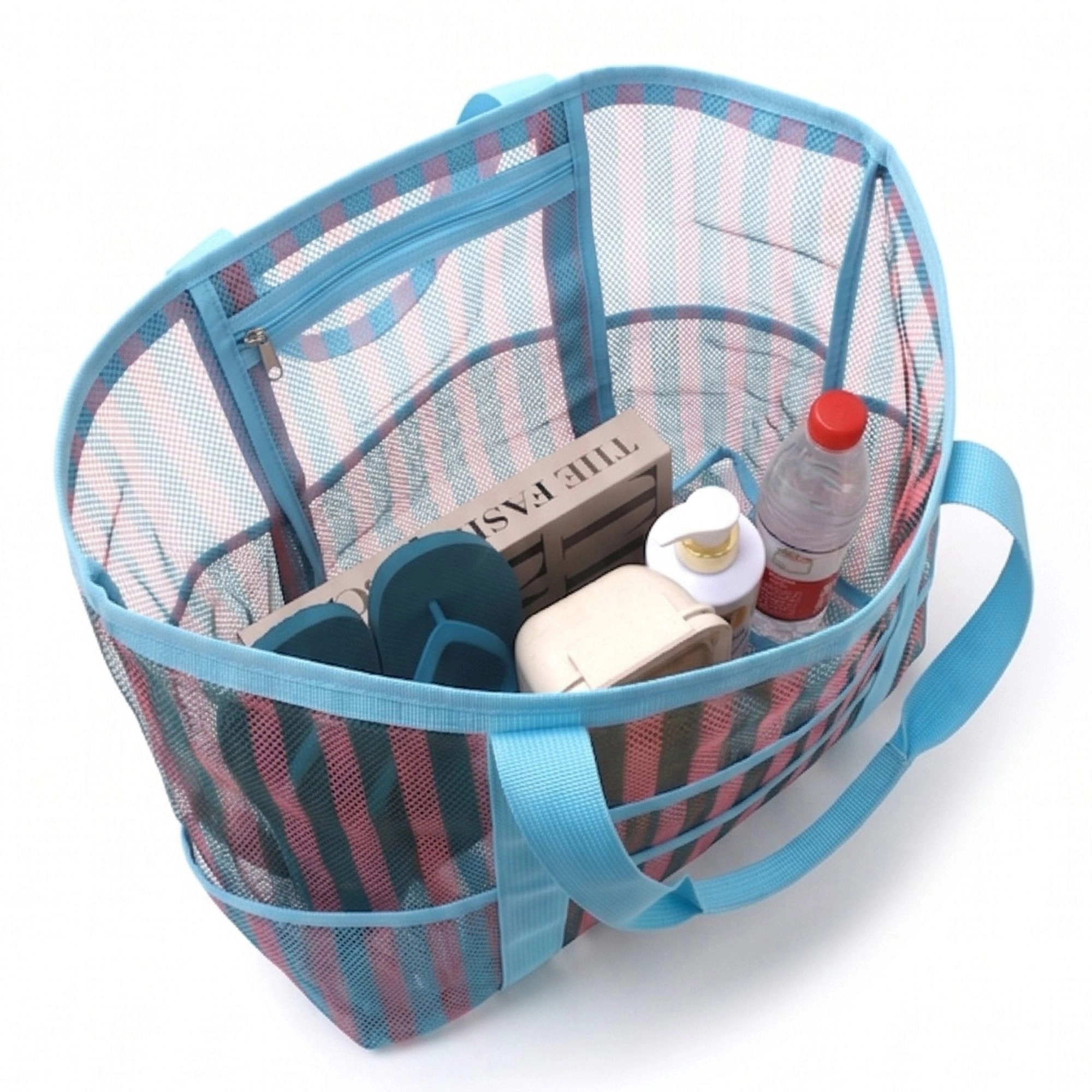 Alilang Women's Large Mesh Beach Tote Bag with Shoulder Handles and Pockets, Blue
