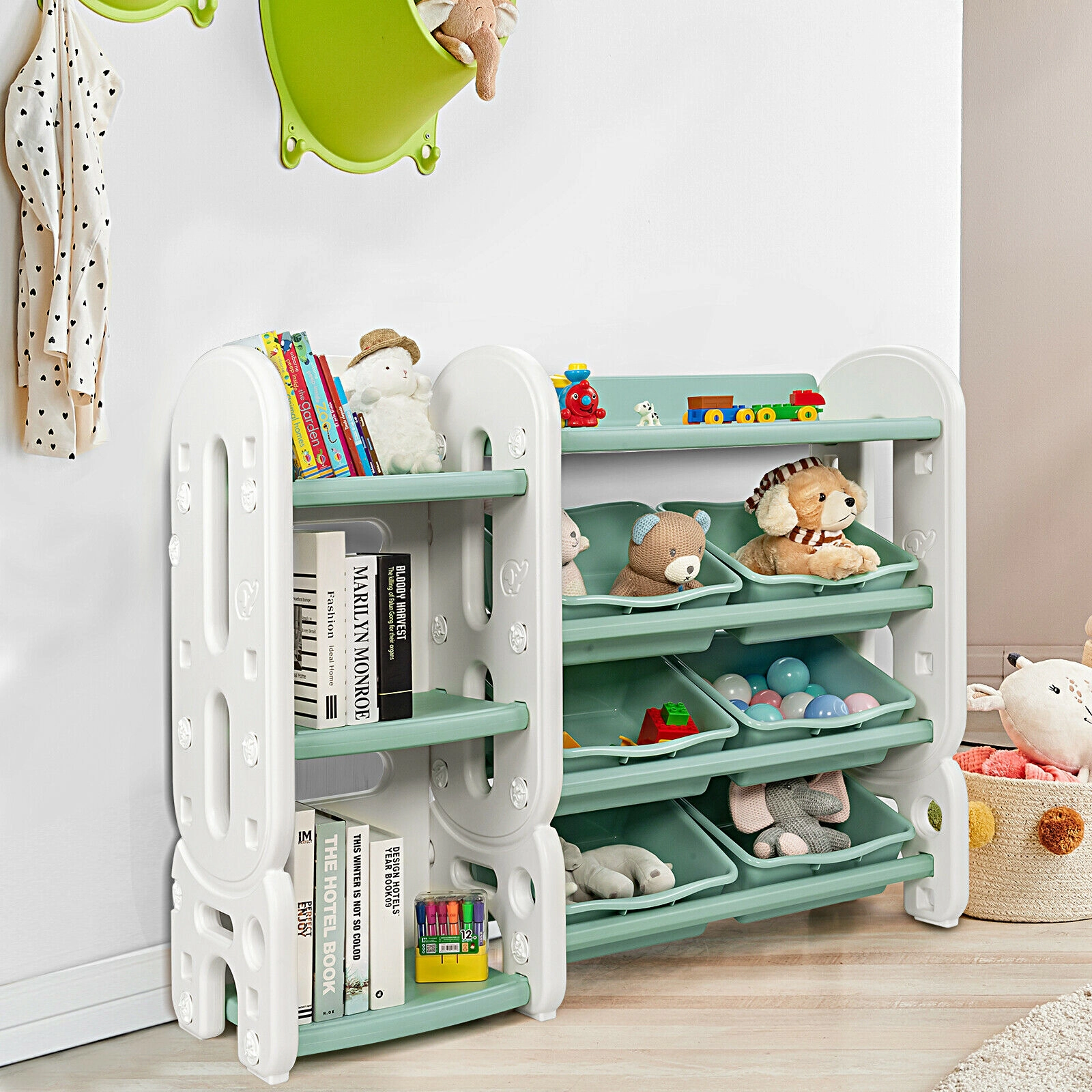 SUGIFT 44-lb Capacity 36-in HDPE Kids Toy Storage Organizer with 6 Tilted Bins and Multi-Layer Bookshelf