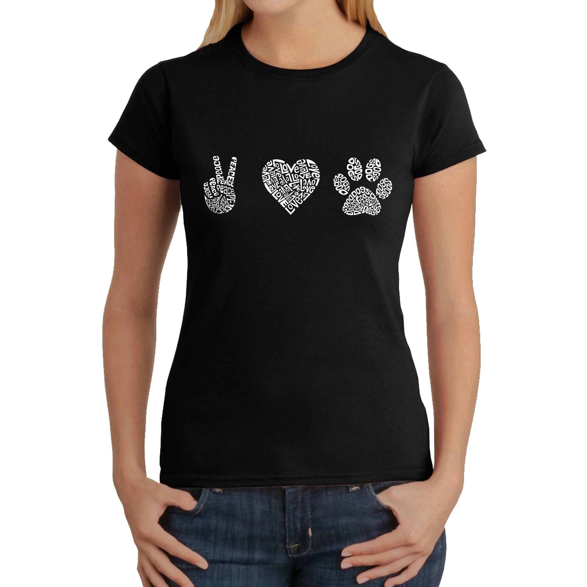 LA Pop Art Women's Word T-Shirt - Peace Love Dogs