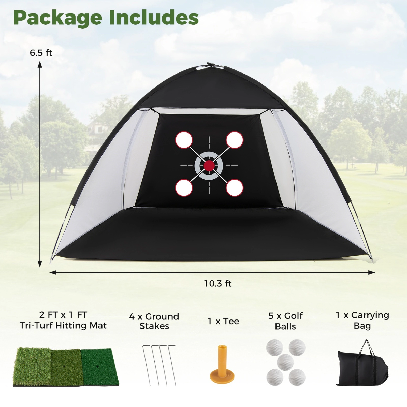 10.3-ft x 6.5-ft Golf Practice Net Foldable Tri-Turf Hitting Mat Target Zones 4 Ground Stakes Carry Bag Black
