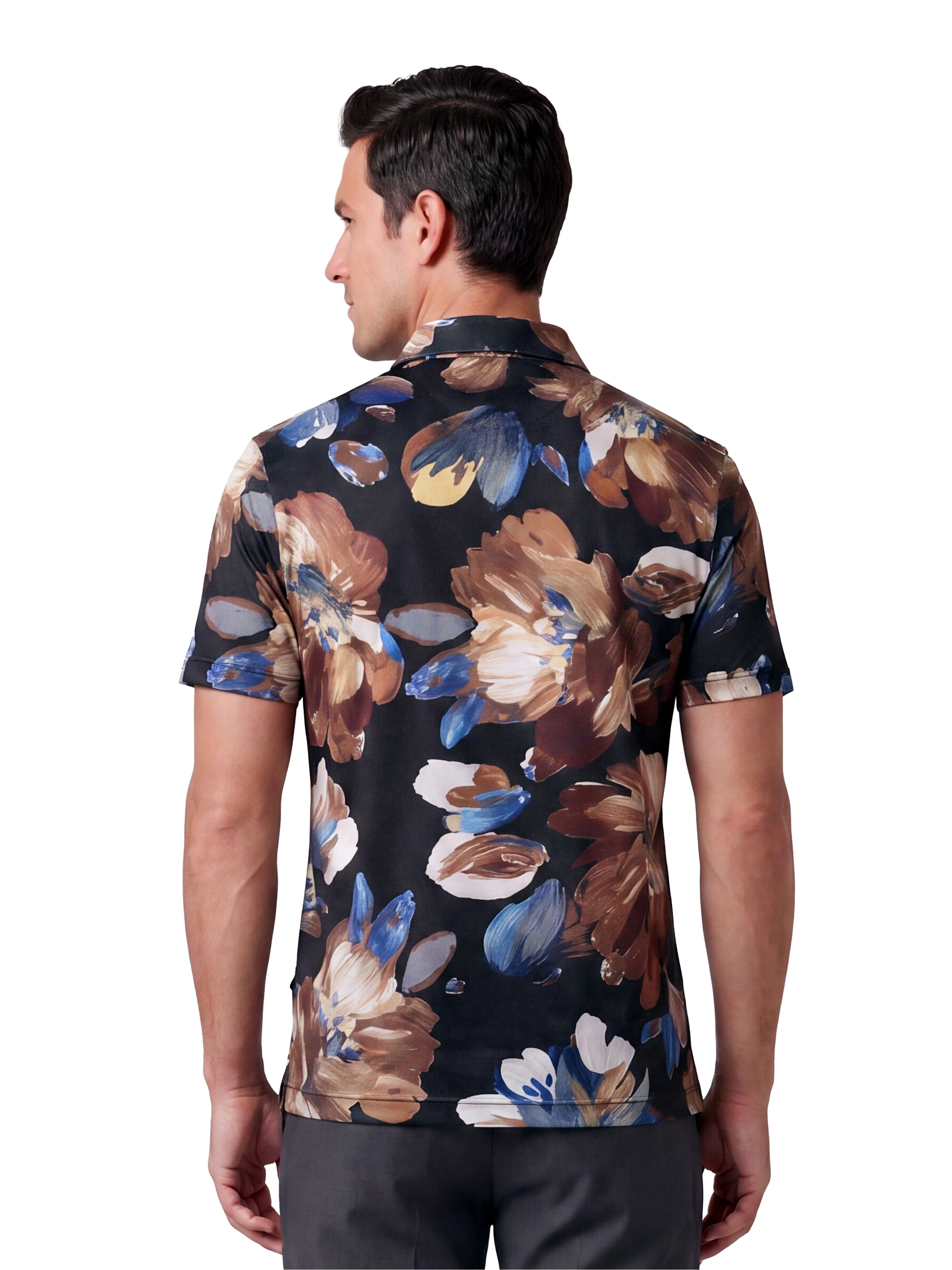 24sevenMen Wrinkle Resistant 3 Button Machine Washable Brown Floral Polo Shirt