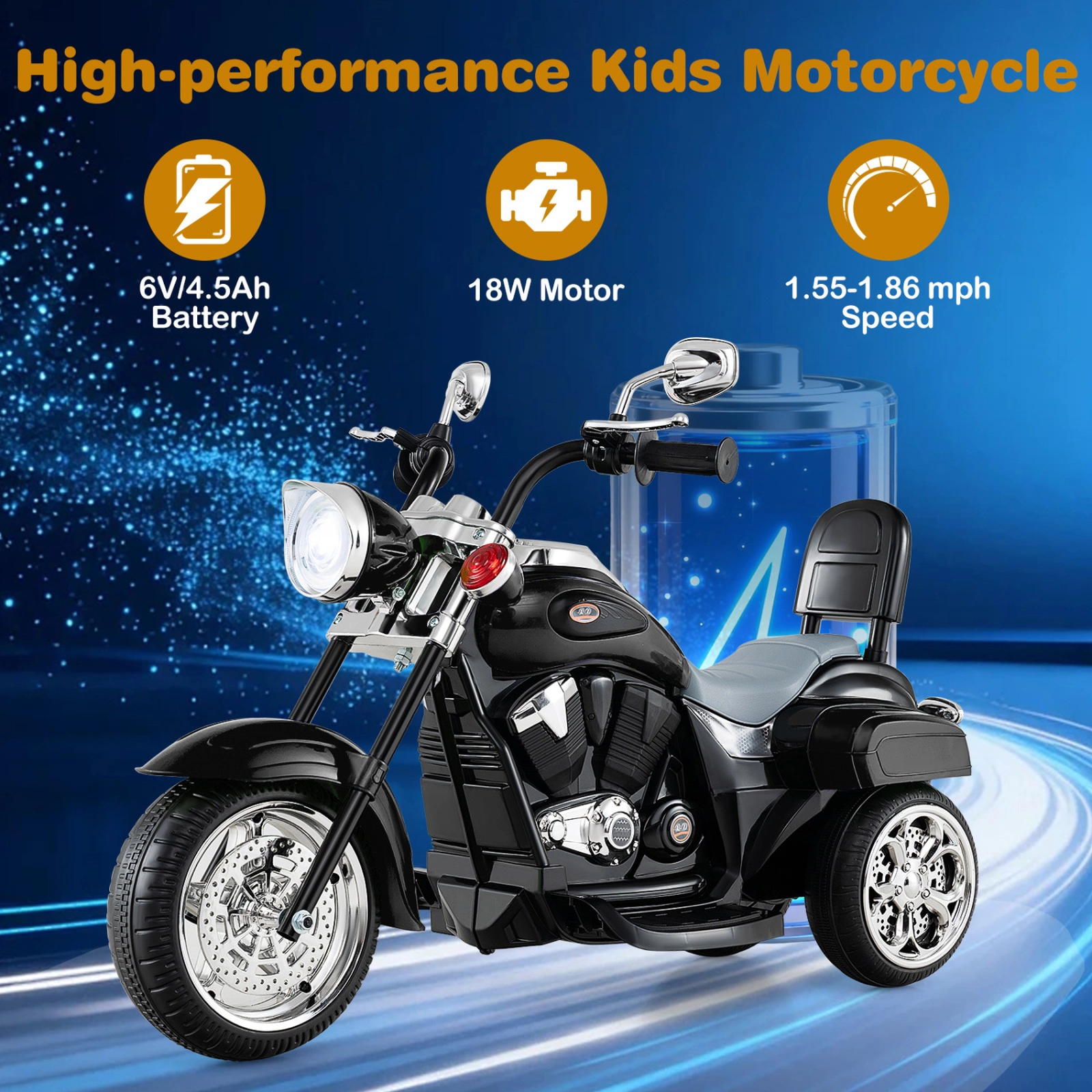 SUGIFT 6V Powered Toddler 3-Wheel Motorbike Ride On Toy with Horn and Headlight 66-lb Capacity Ages 3+ Black