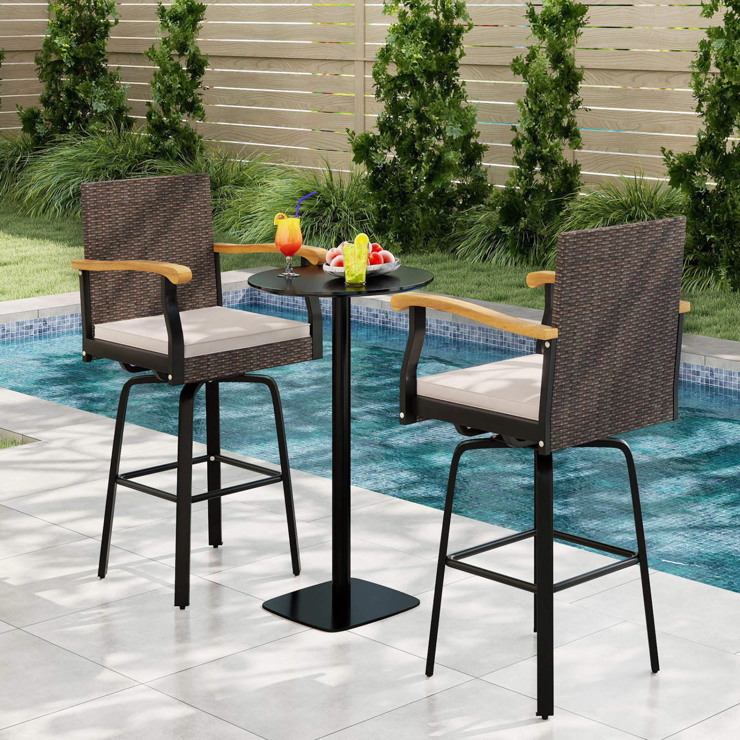 LJG Outdoor 360° Swivel Bar Stool with Cushion and Acacia Wood Armrests-F