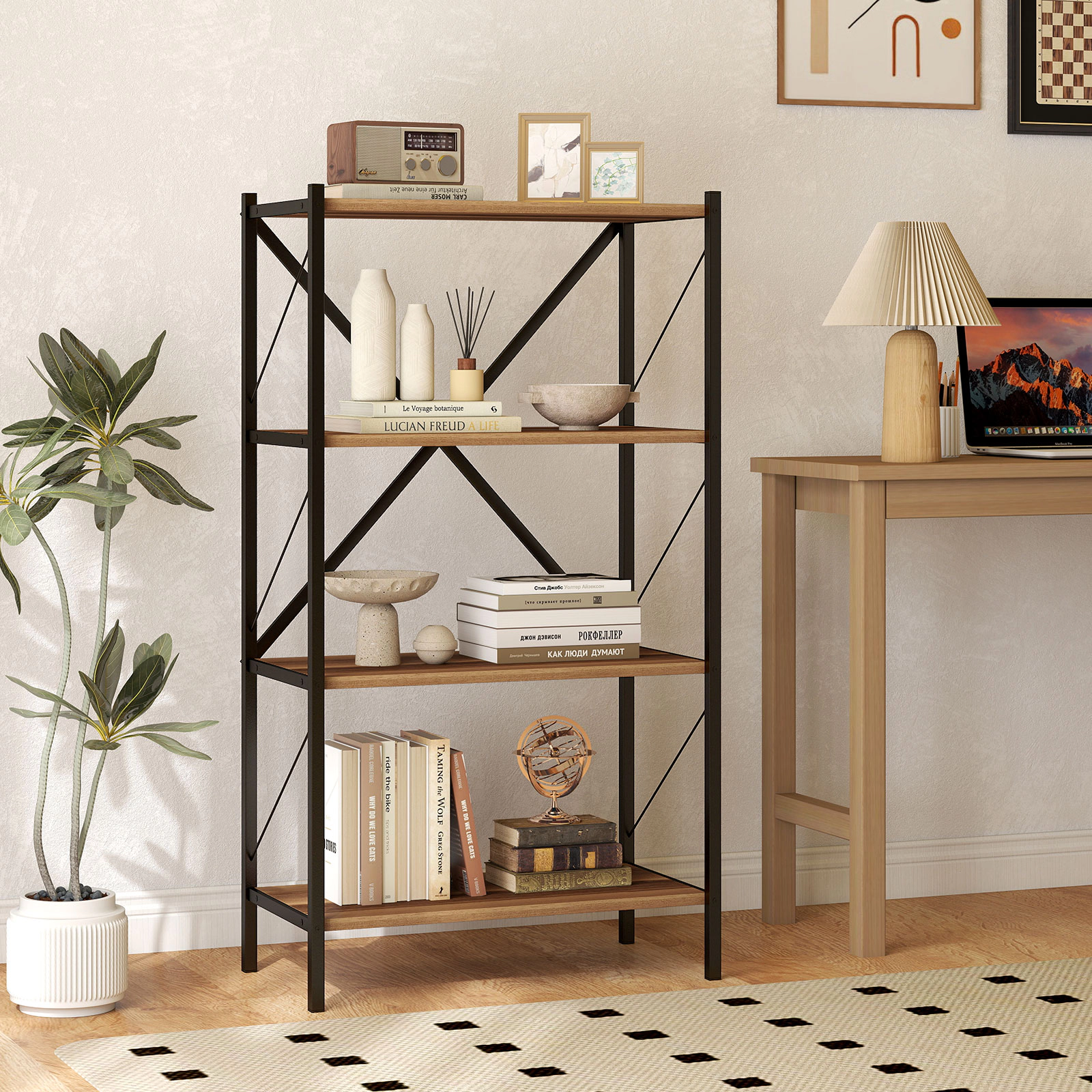 Costway 4-Tier Bookshelf Industrial Bookcase w/Heavy-Duty Metal Frame for Living Room Walnut
