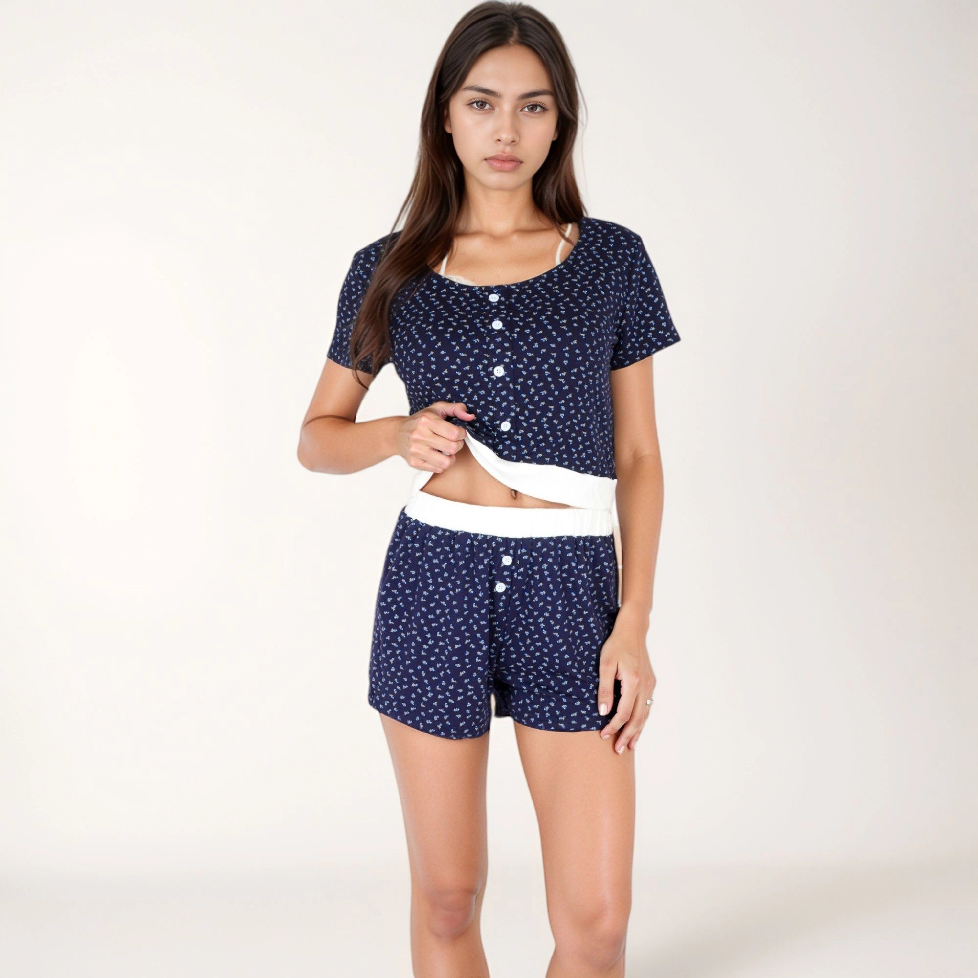 Anna-Kaci Women's Short Sleeve Sleepwear Set with Mini Bow Print and Decorative Button Details