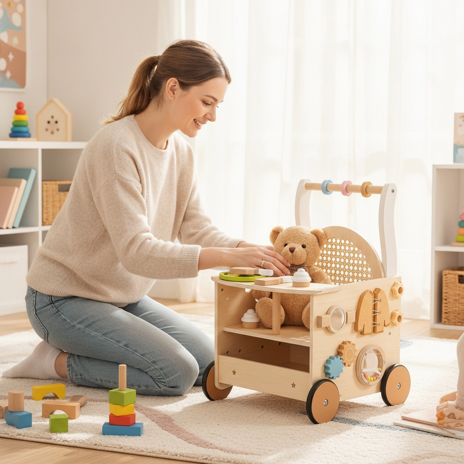 13-in-1 Toddler Wooden Push Walker with Doll Seat Pretend Ice Cream Set Bead Maze Turntable Mirror Natural