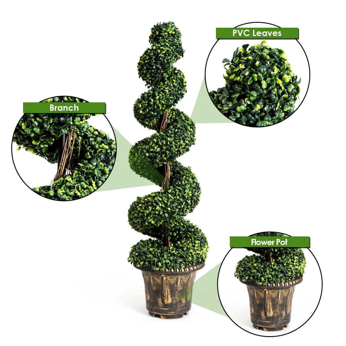 SUGIFT Set of 2 Spiral Shaped Real Wood Trunk Artificial Boxwood Topiary Trees 4-ft Tall 11-in Pot 13-lb Green