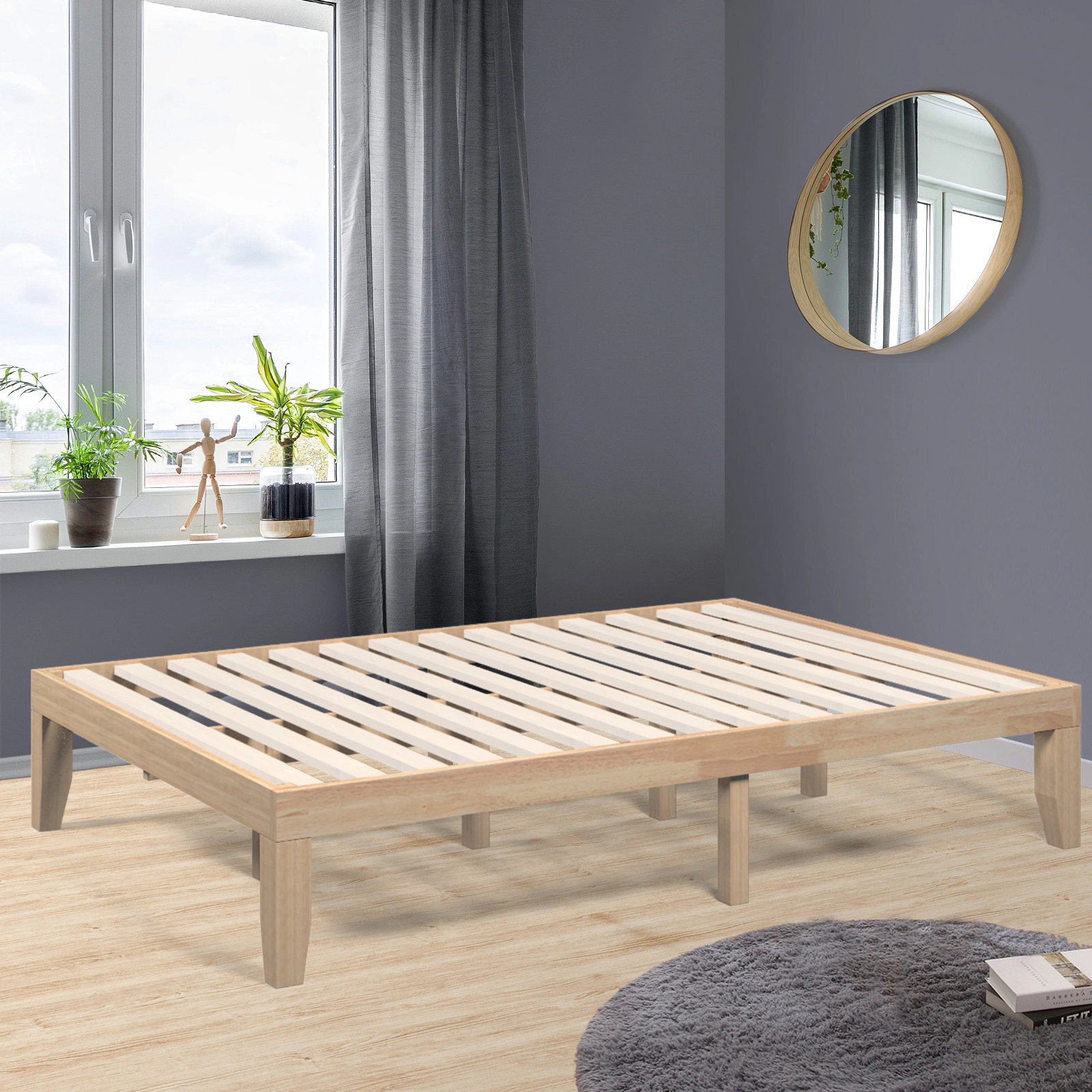SUGIFT 14-in Full Size Wood Platform Bed Frame Wood Slat Support 500-lb Capacity 74.5-in Long Rubber Wood Poplar Wood