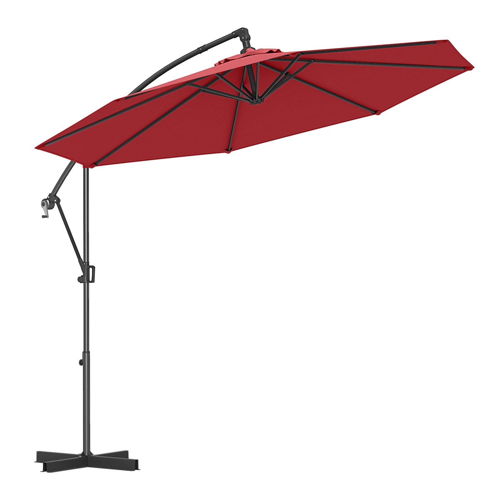 SUGIFT 10-ft Wine Offset Hanging Patio Umbrella with Base Infinite Tilt 8 Metal Ribs and Vented Canopy