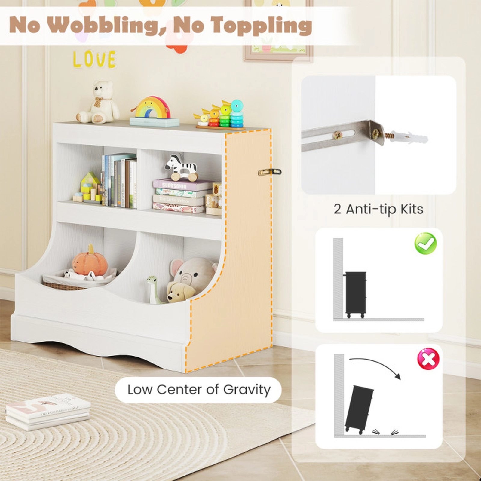 SUGIFT Kids 4-Cubby Rounded Corners Spacious Top Shelf Wooden Storage Bookcase 26.5-in x 16-in x 24.5-in 132-lb White
