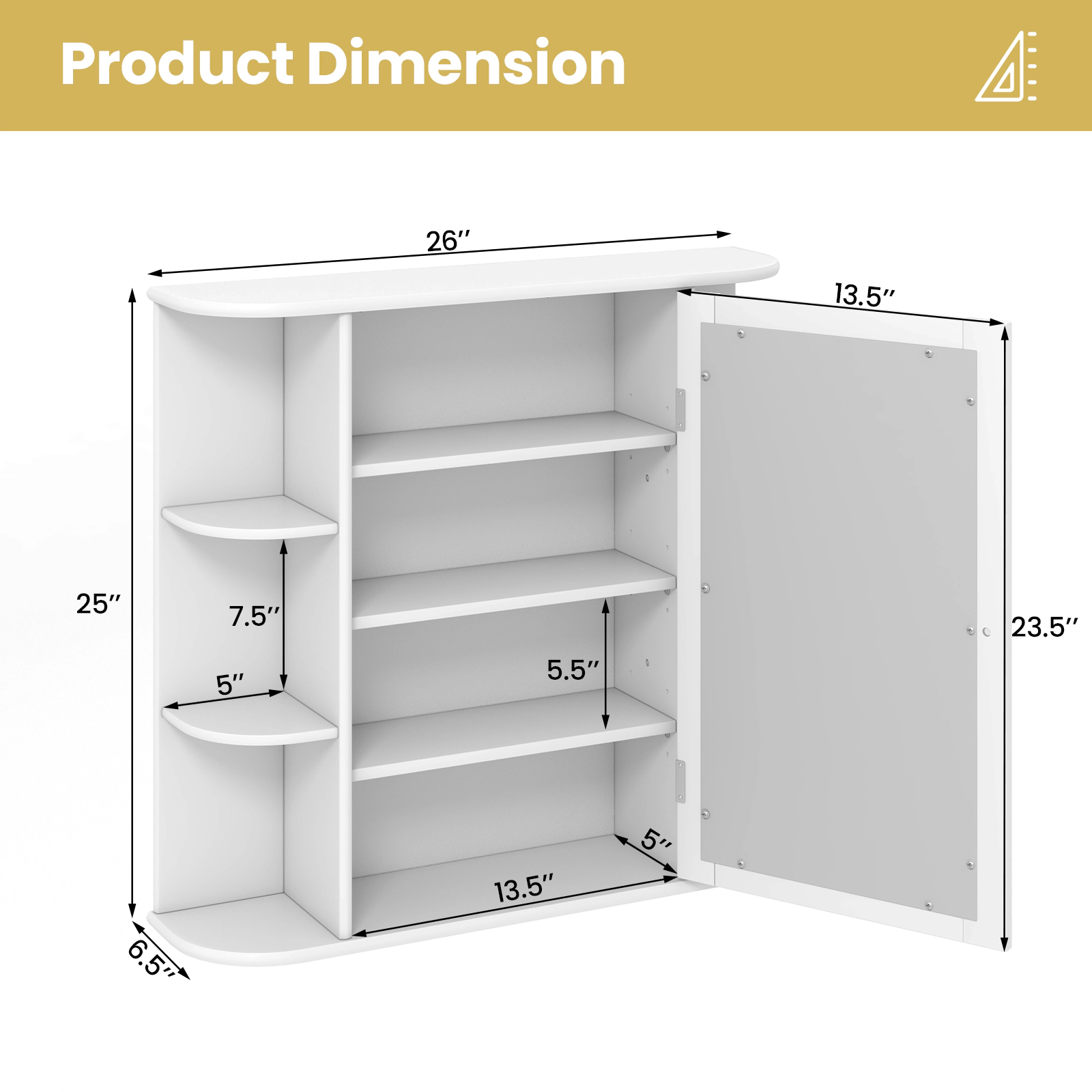 SUGIFT Mirrored Door 6 Side Open Shelves MDF Bathroom Medicine Cabinet 26-in x 6.5-in x 25-in 11-lb Shelf White
