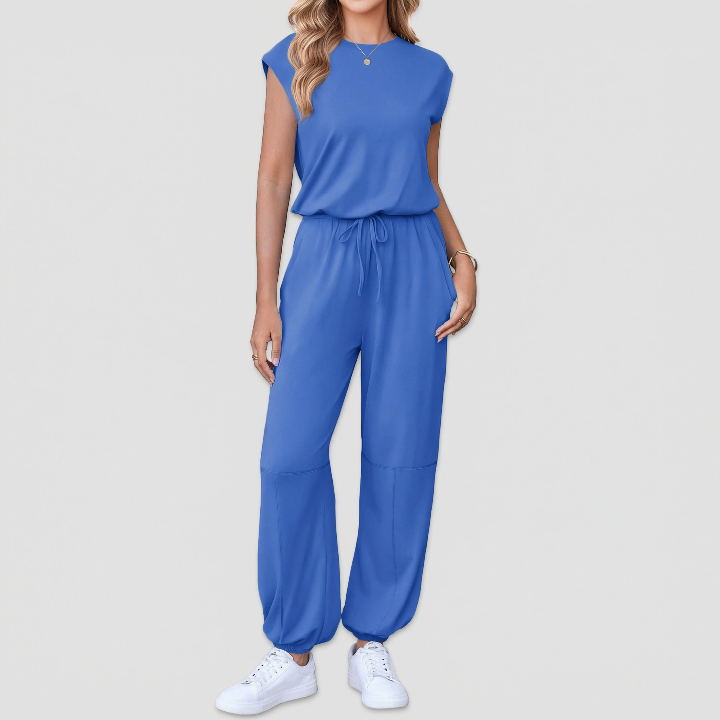 Ekouaer Women's Crew Neck Cap Sleeve Top & Tie Waist Jogger Pants Set