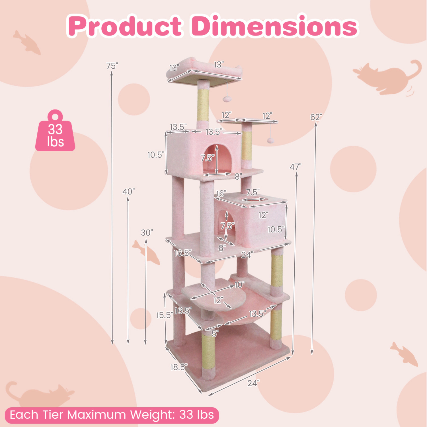 SUGIFT 58-in Pink Multi-Level Cat Tree Tower with 2 Condos Basket Hammock and Upholstered Top Perch