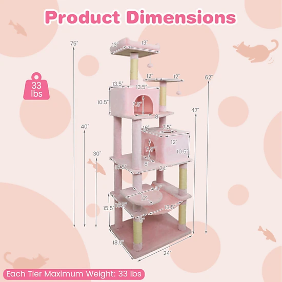 SUGIFT 58-in Pink Multi-Level Cat Tree Tower with 2 Condos Basket Hammock and Upholstered Top Perch