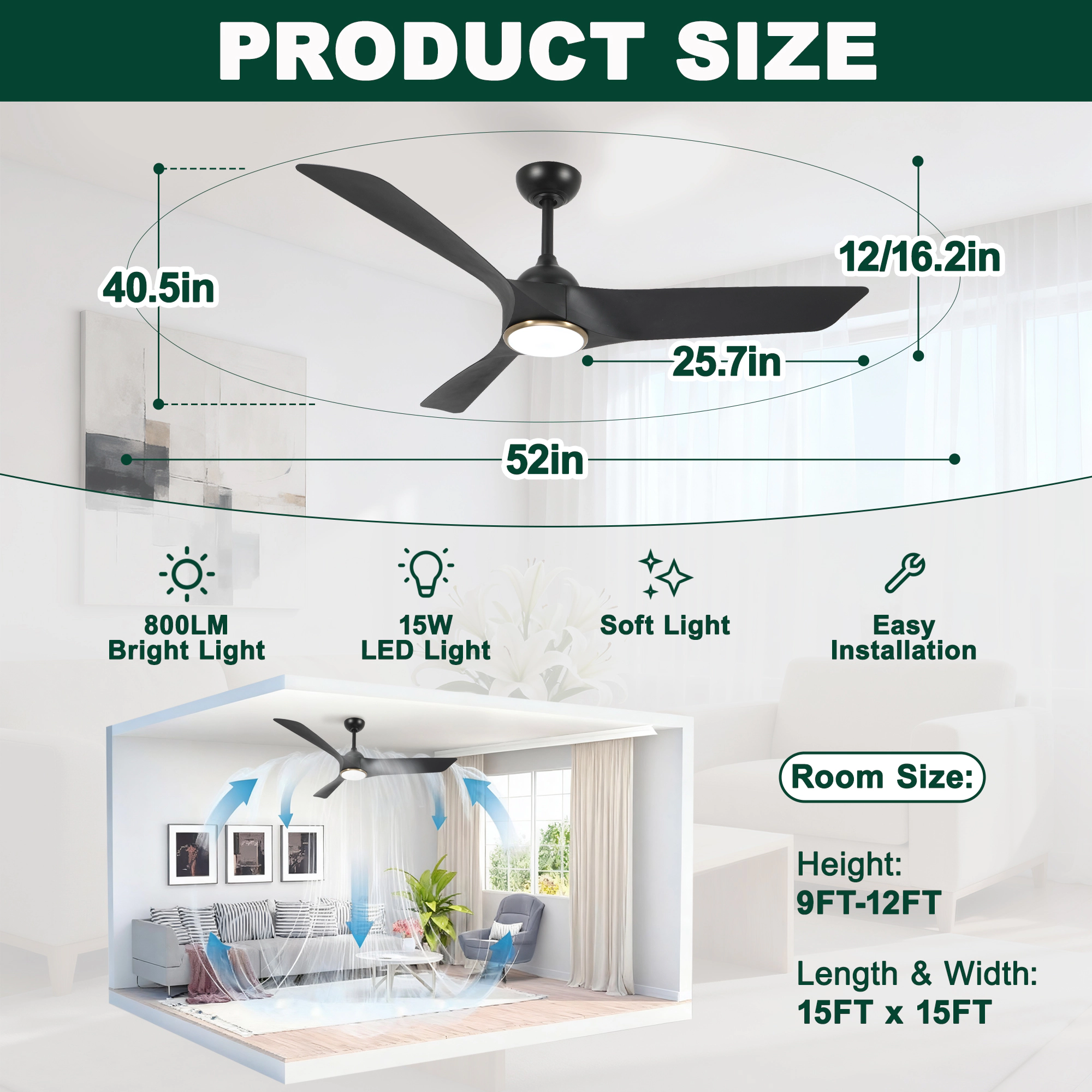 Flynama 52 in. Black Indoor Ceiling Fan, Quiet DC Motor, 6 Speeds, Remote Control, 3 ABS Blades with Light