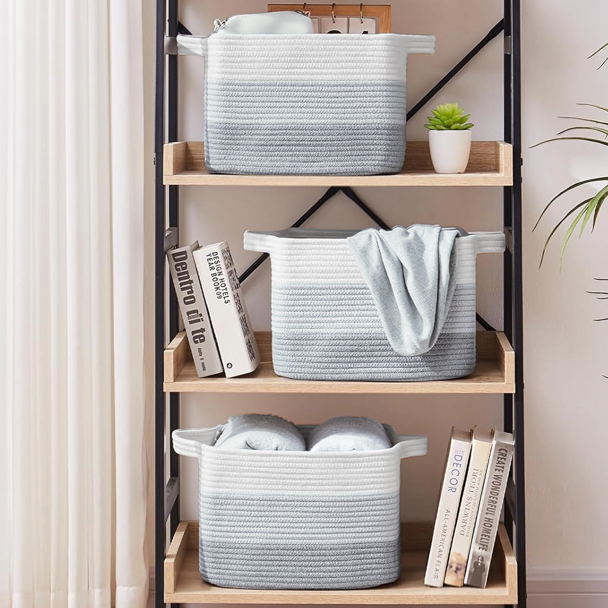 Cheer Collection 3-Pack Woven Cotton Rope Storage Baskets with Handles for Home Organization