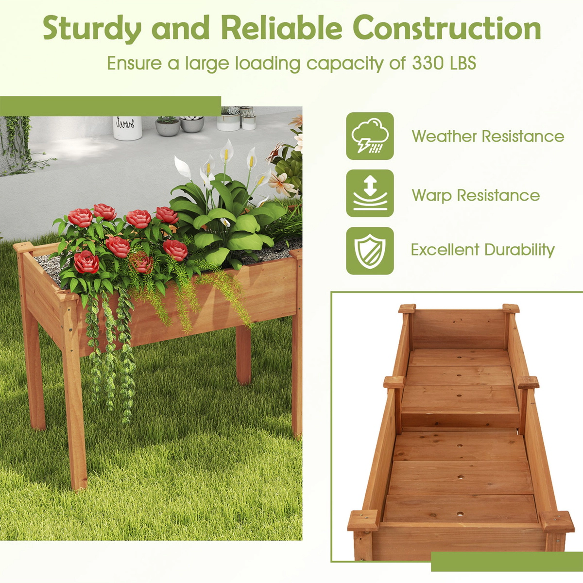 SUGIFT Fir Wood Outdoor Raised Garden Bed with Divider Panel and Drainage Holes 330-lb Capacity Brown/Natural