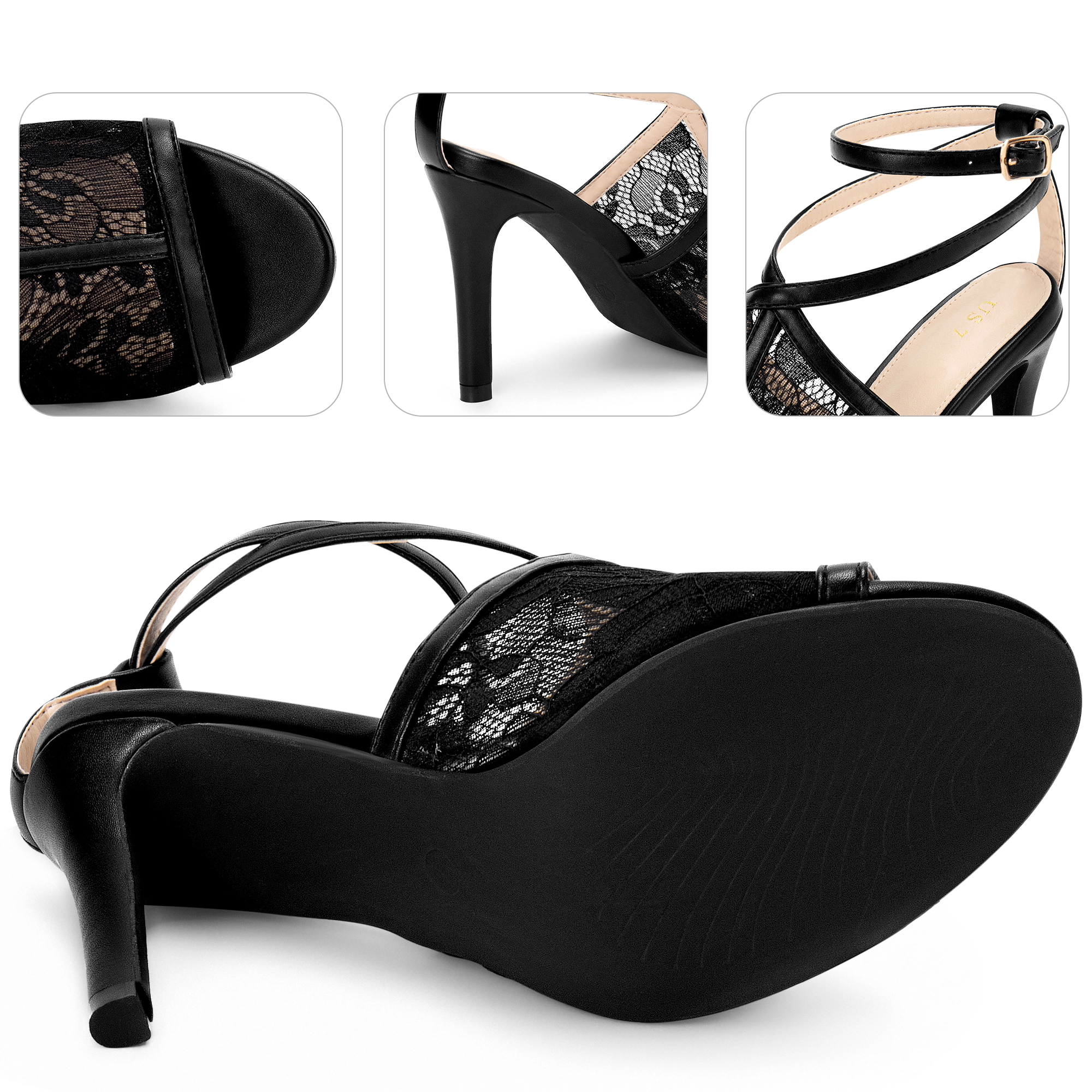 BLISSFUL STEP Women's Wedding Lace Peep Toe Stiletto Heel Ankle Strap Sandals