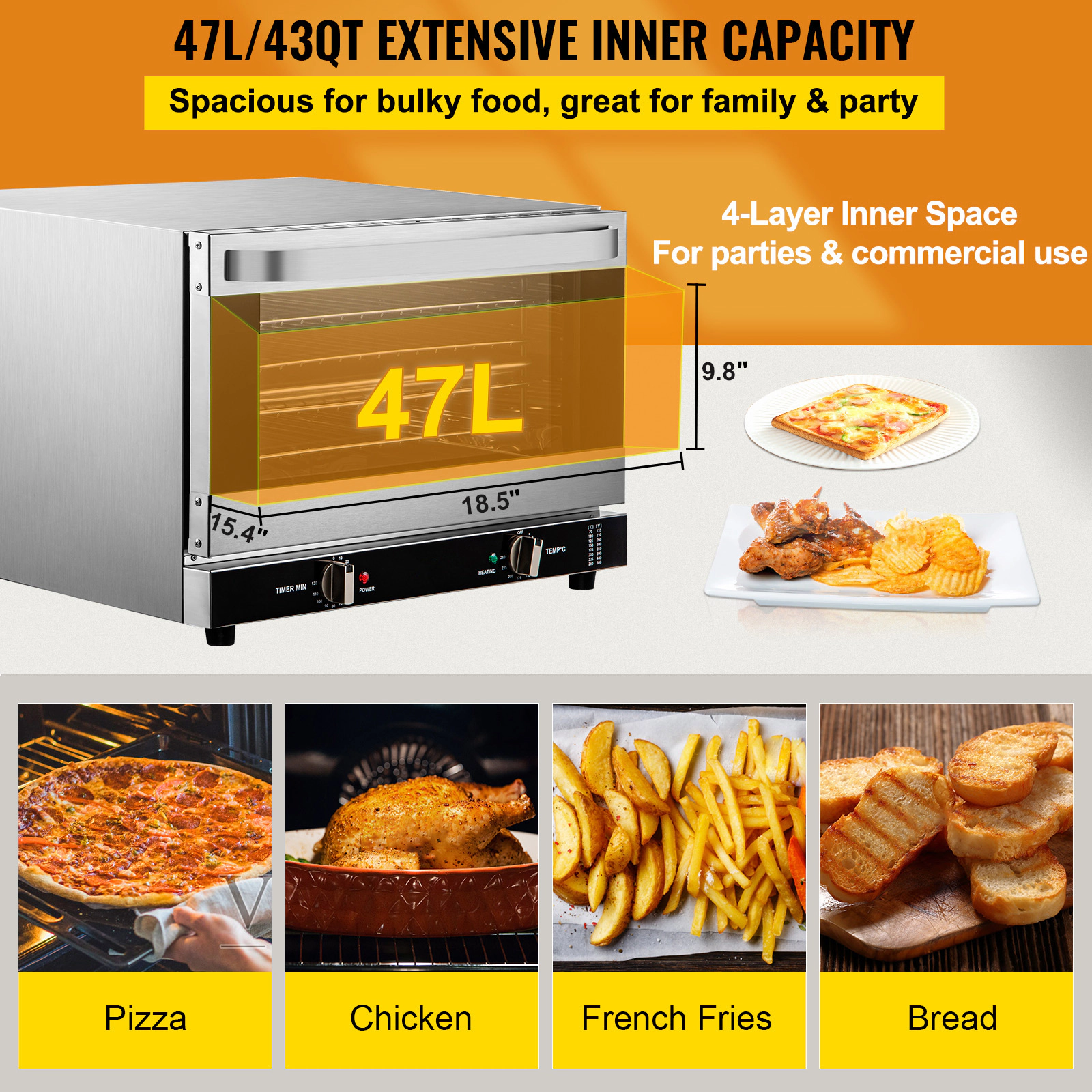 HONGGE Commercial Convection Oven / Conventional Countertop Toaster Glass Door Electric Baking with Wire