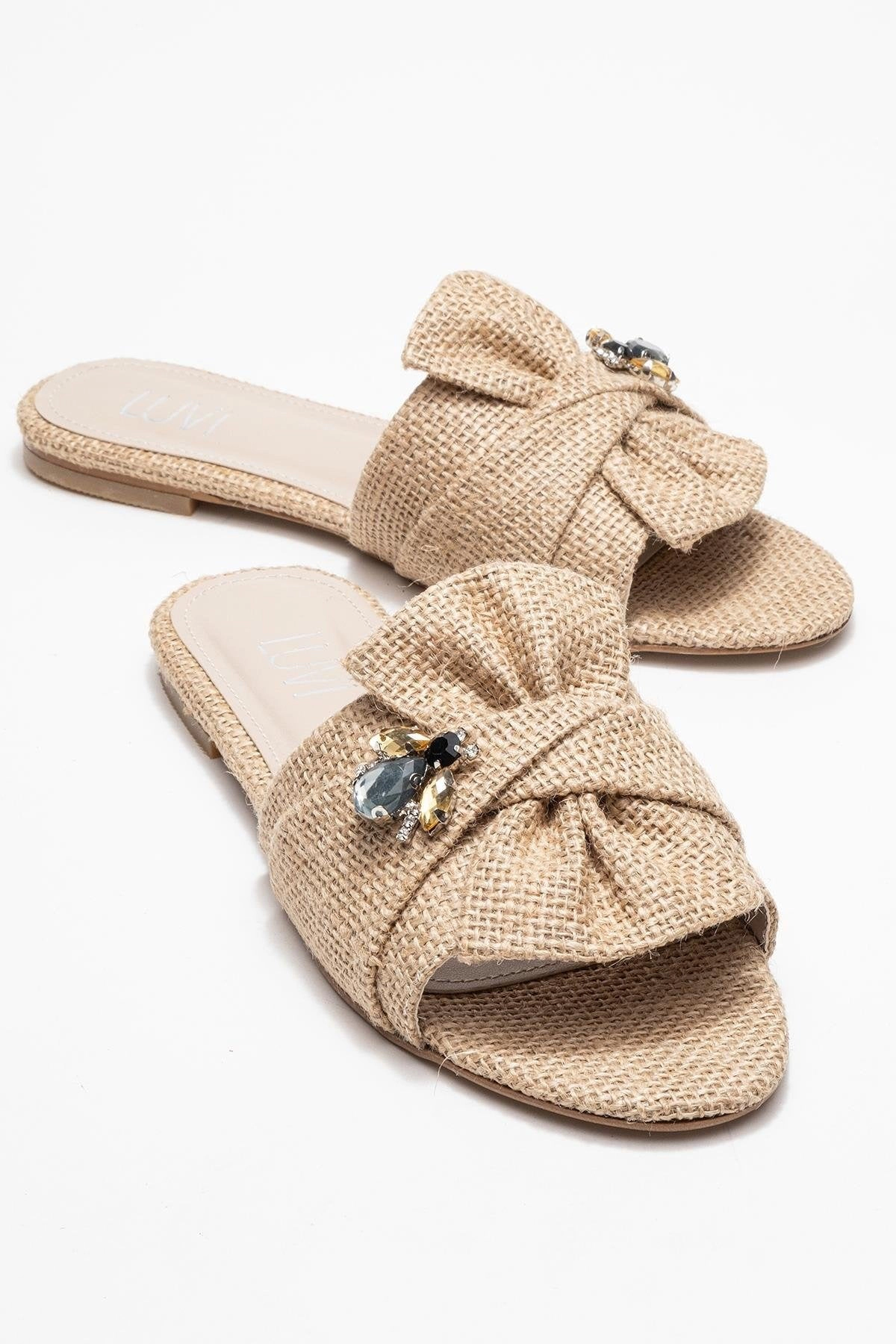 Prologue Shoes Womens Daphne Raffia Bow Slide Sandal
