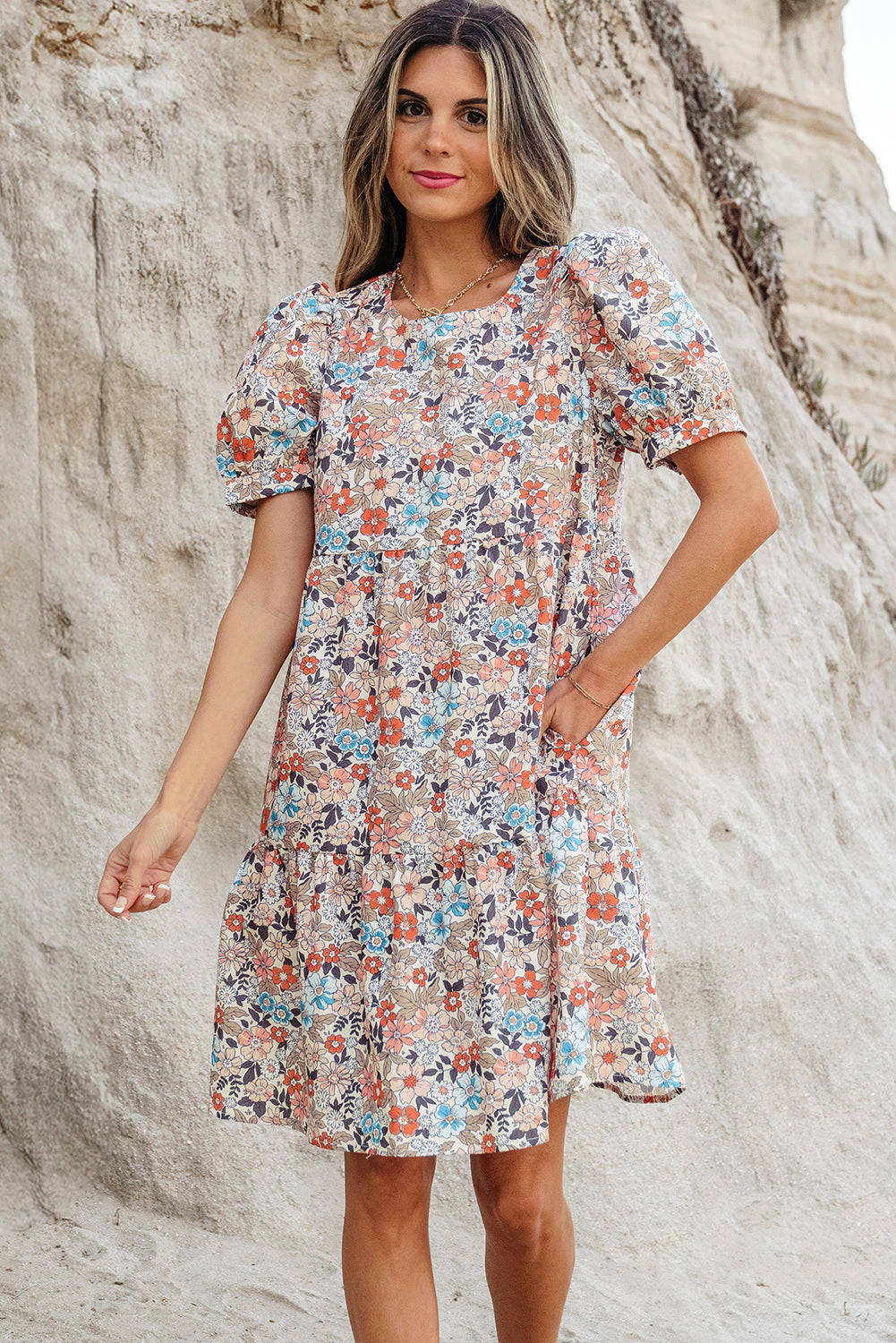 Threaded Pear Women's Aliana Bohemian Floral Mini Dress