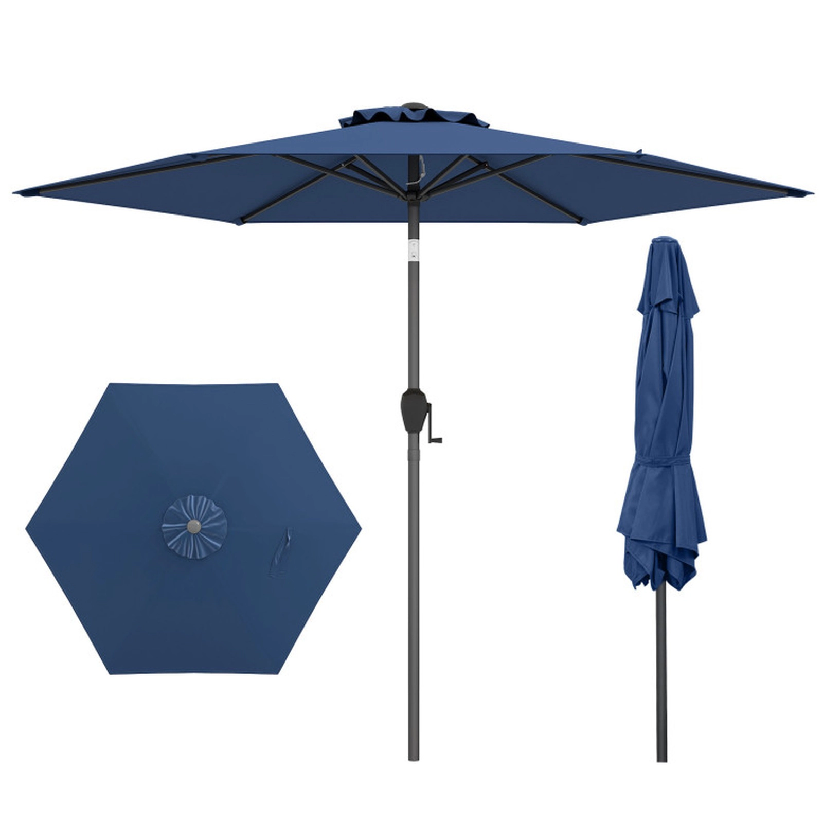 SUGIFT Navy Blue Push Button Tilt and Crank Handle 7.5 FT Outdoor Market Patio Umbrella