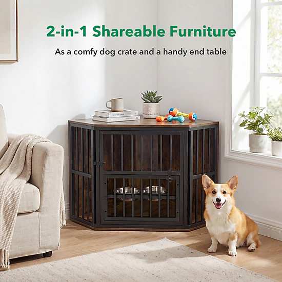 SUGIFT 35.5-in Corner Dog Crate Kennel End Table with 3-Position Bowl ...