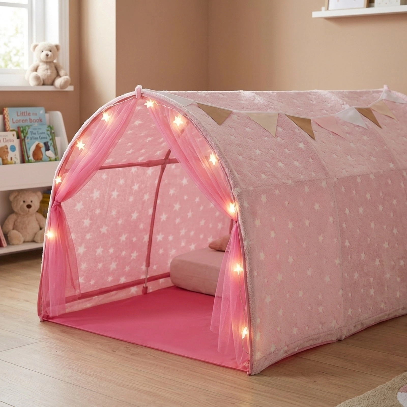 Kids Bed Canopy Tent for Twin Bunk Bed Pink with Glow in the Dark Stars Light String and Flag