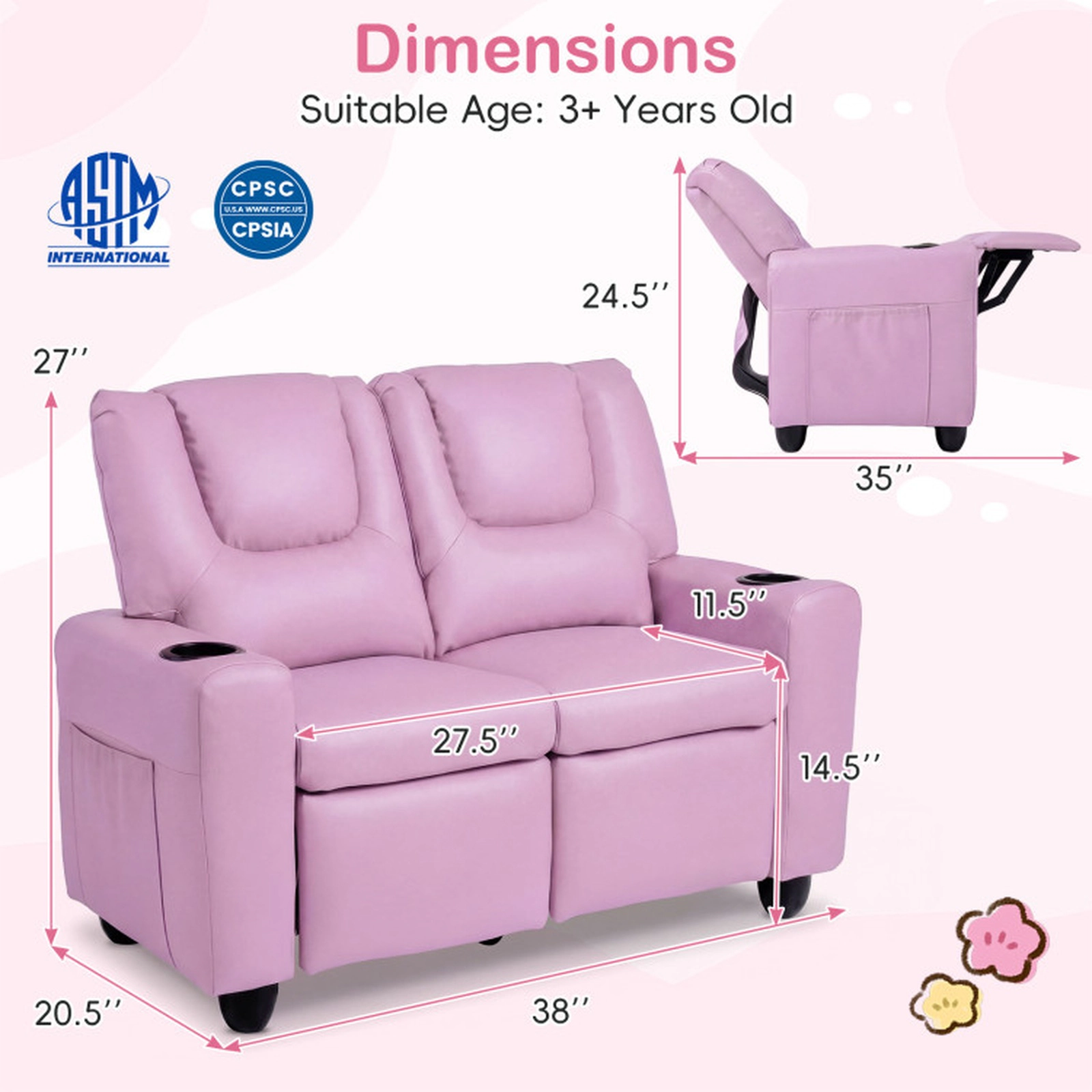 SUGIFT 2 Cup Holders 2-Seater Kids Recliner Double Toddler Sofa Chair