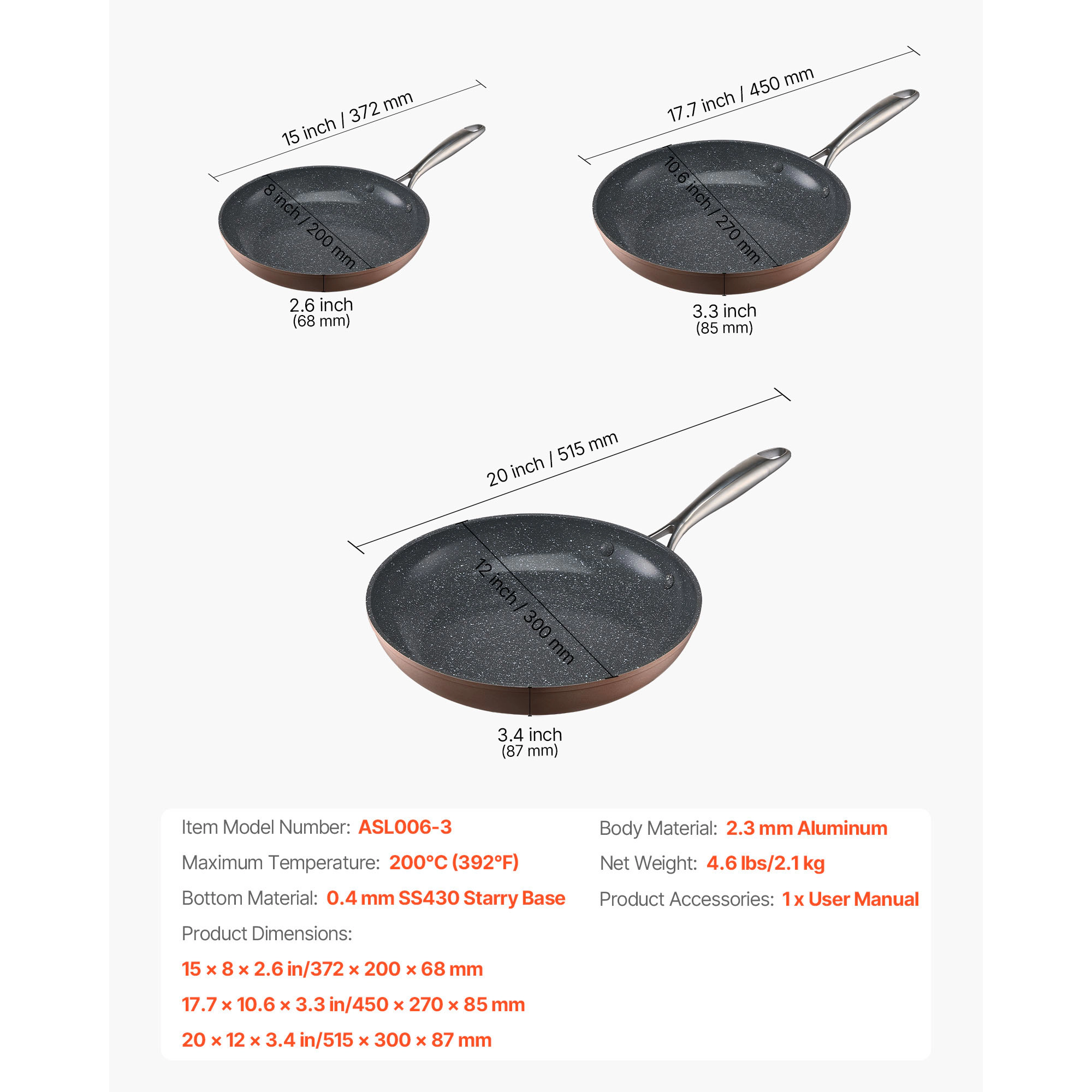 HONGGE Frying Pan 8 10 12 in Skillet with Heat-Resistant Handle Chef's Cookware Oven Gas Electric Induction