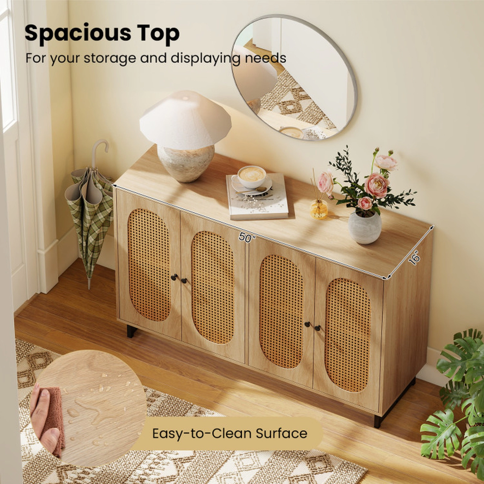 SUGIFT 4 PE Rattan Doors 2 Compartments Buffet Sideboard Cabinet 50-in x 16-in x 32-in 242-lb Capacity Natural