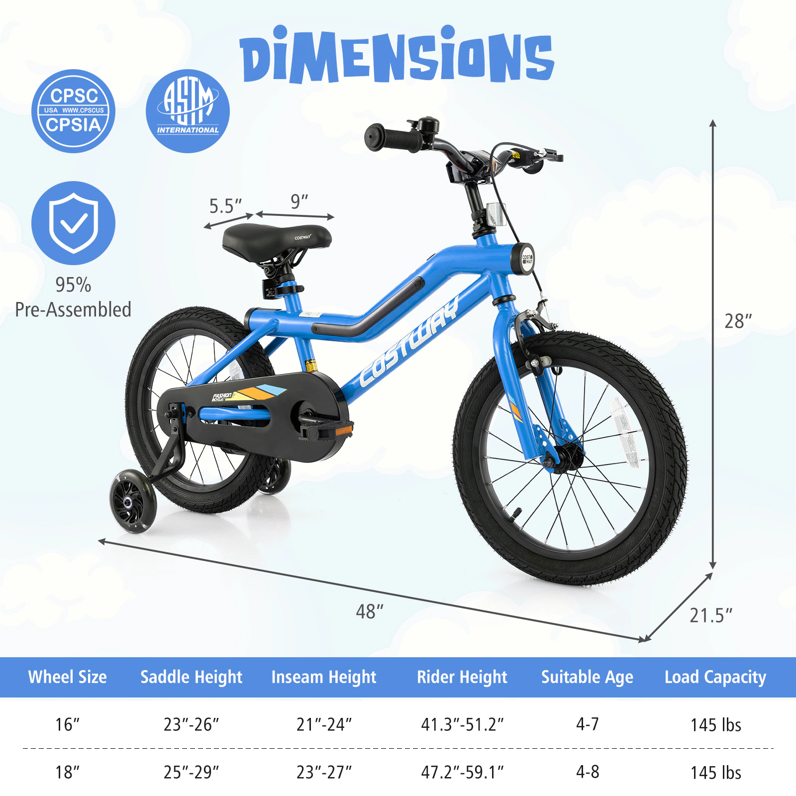 LJG Patented Kids Bike LED Lighted Adjustable with Training Wheels