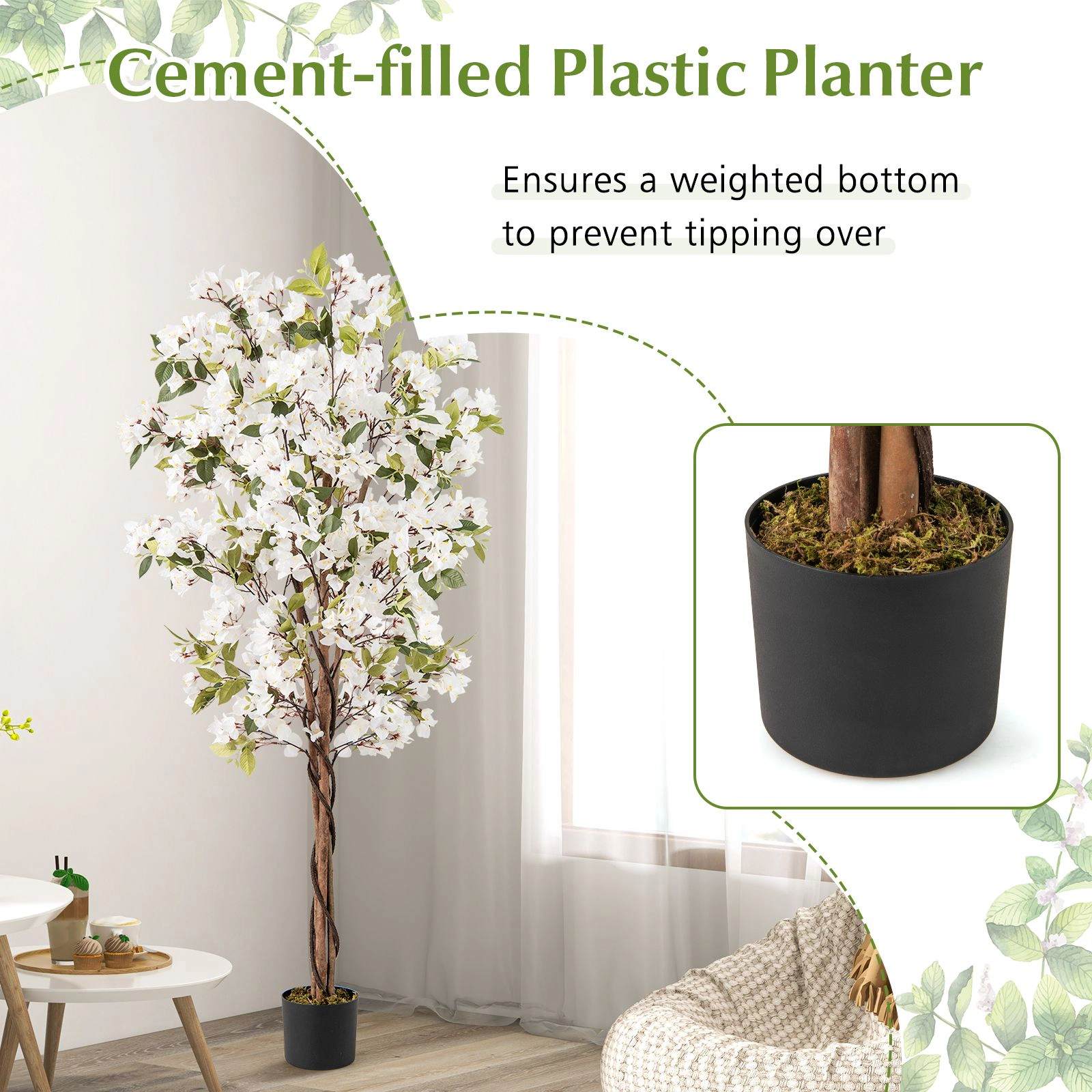SlickBlue Faux Bougainvillea Plant with Twisted Wood Trunk and Moss