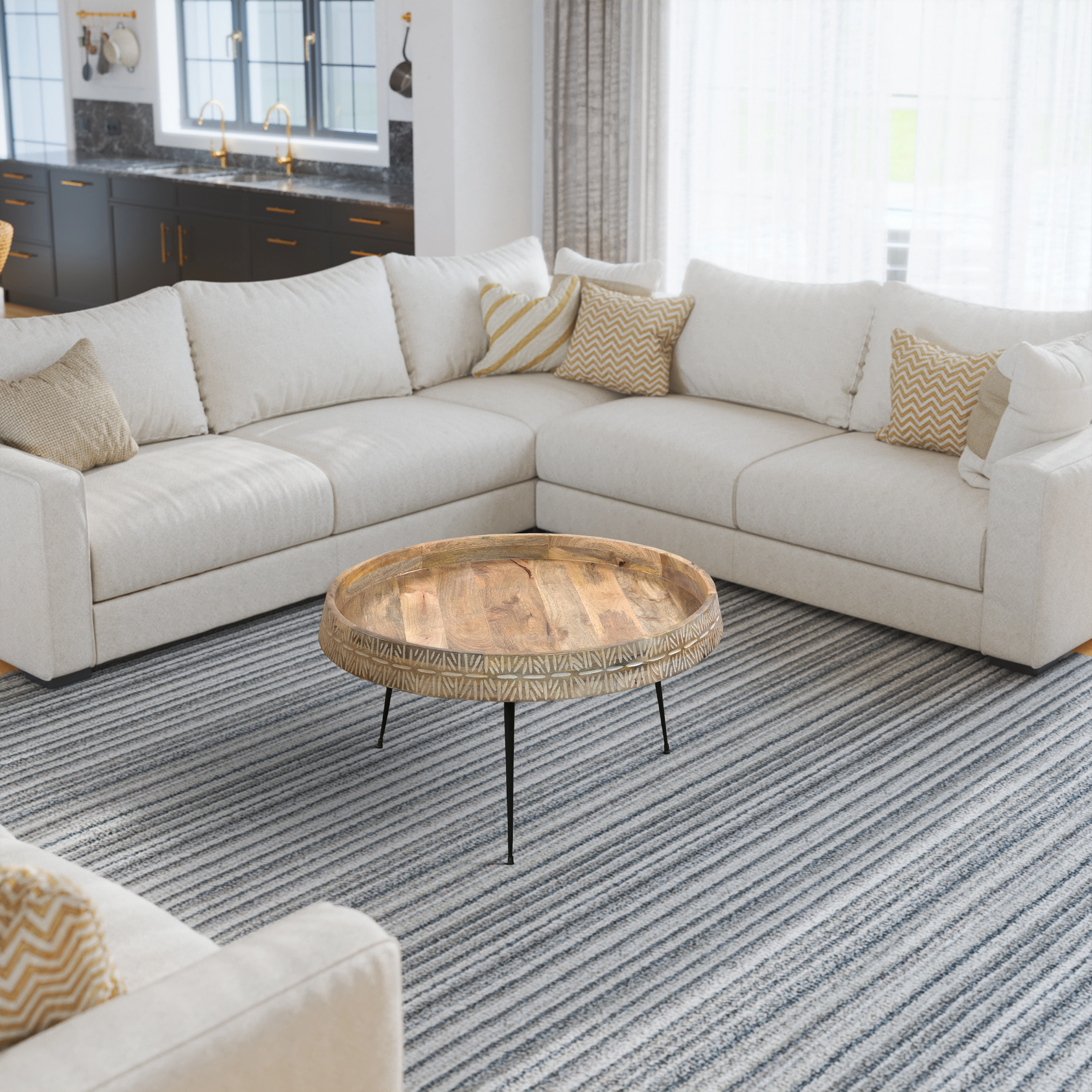 The Urban Port Gia 29 Inch Modern Handcrafted Round Coffee Table, Natural Brown Wood with Carved Edge, Black Iron Legs