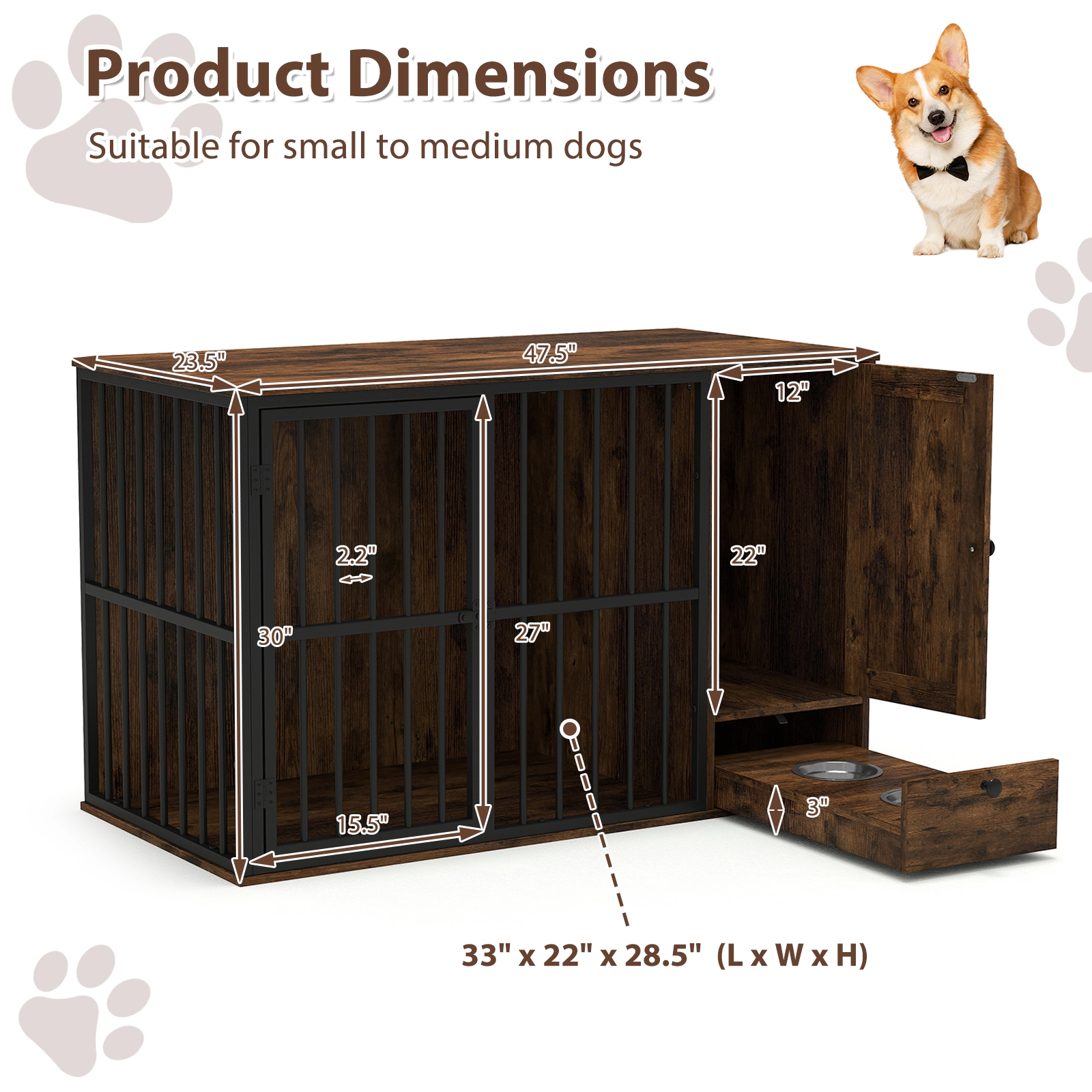 SUGIFT 47.5 in Dog Crate Furniture Rustic Brown with Hidden Pull-out Bowls and Side Cabinet